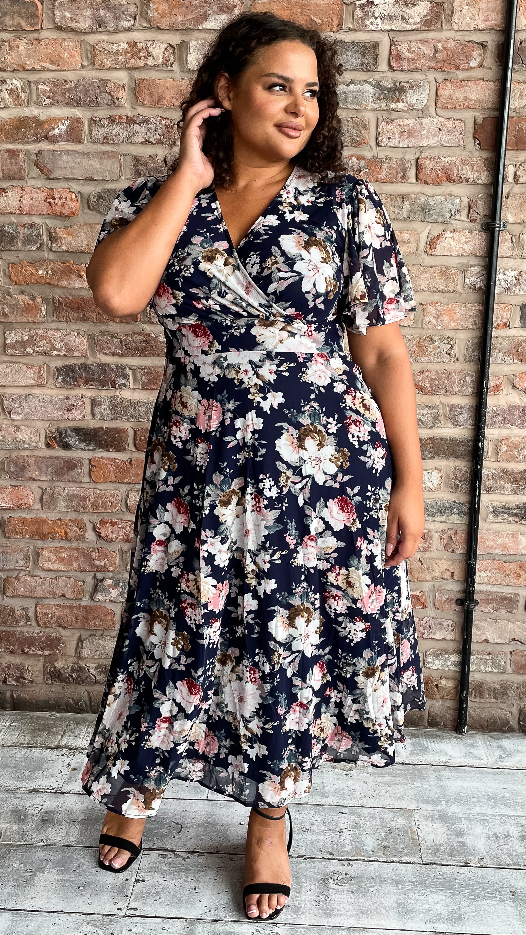 CurveWow Mesh Angel Sleeve Dress Navy Floral