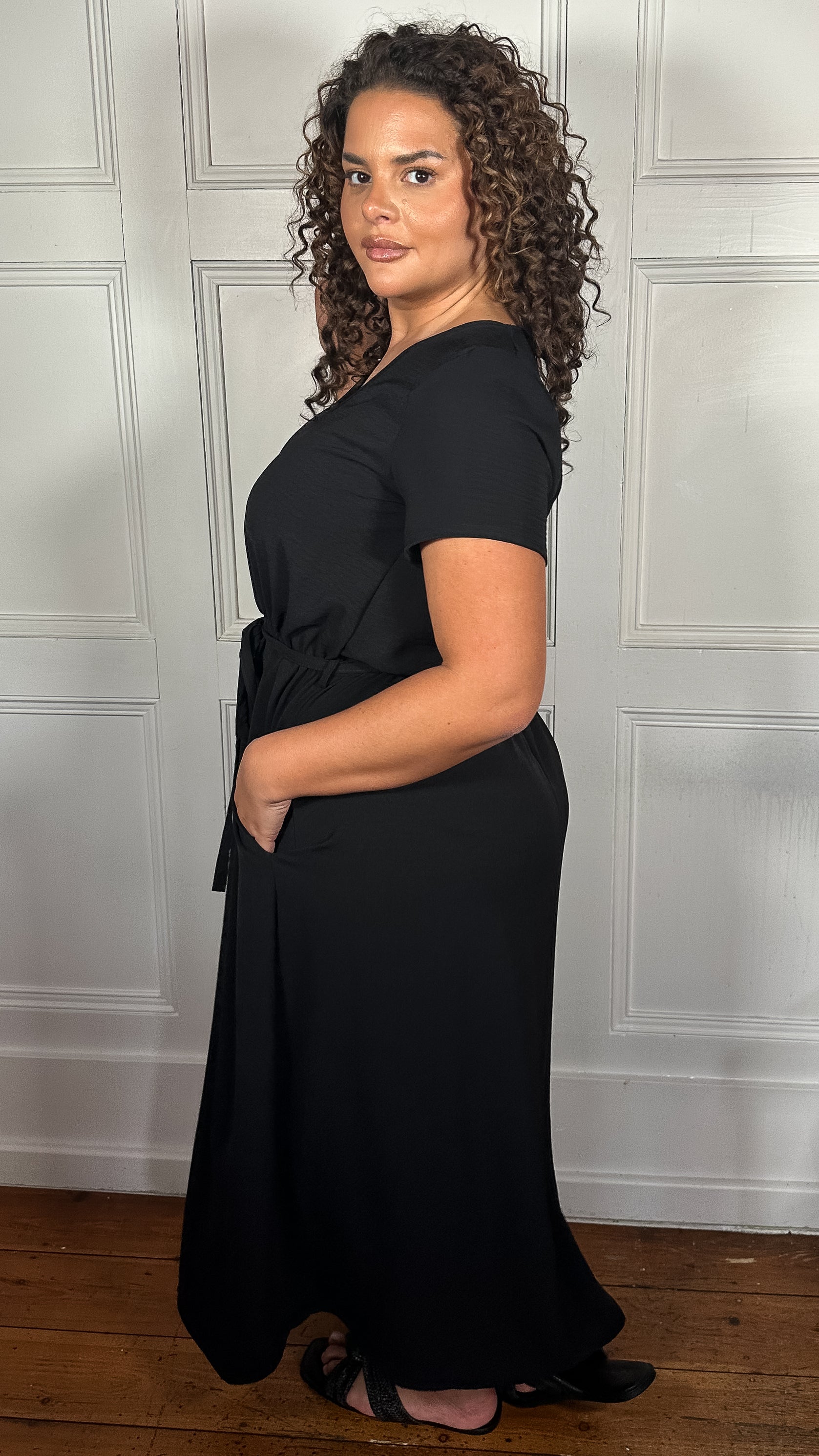 CurveWow Button Front Ocean Crepe Maxi Dress Black