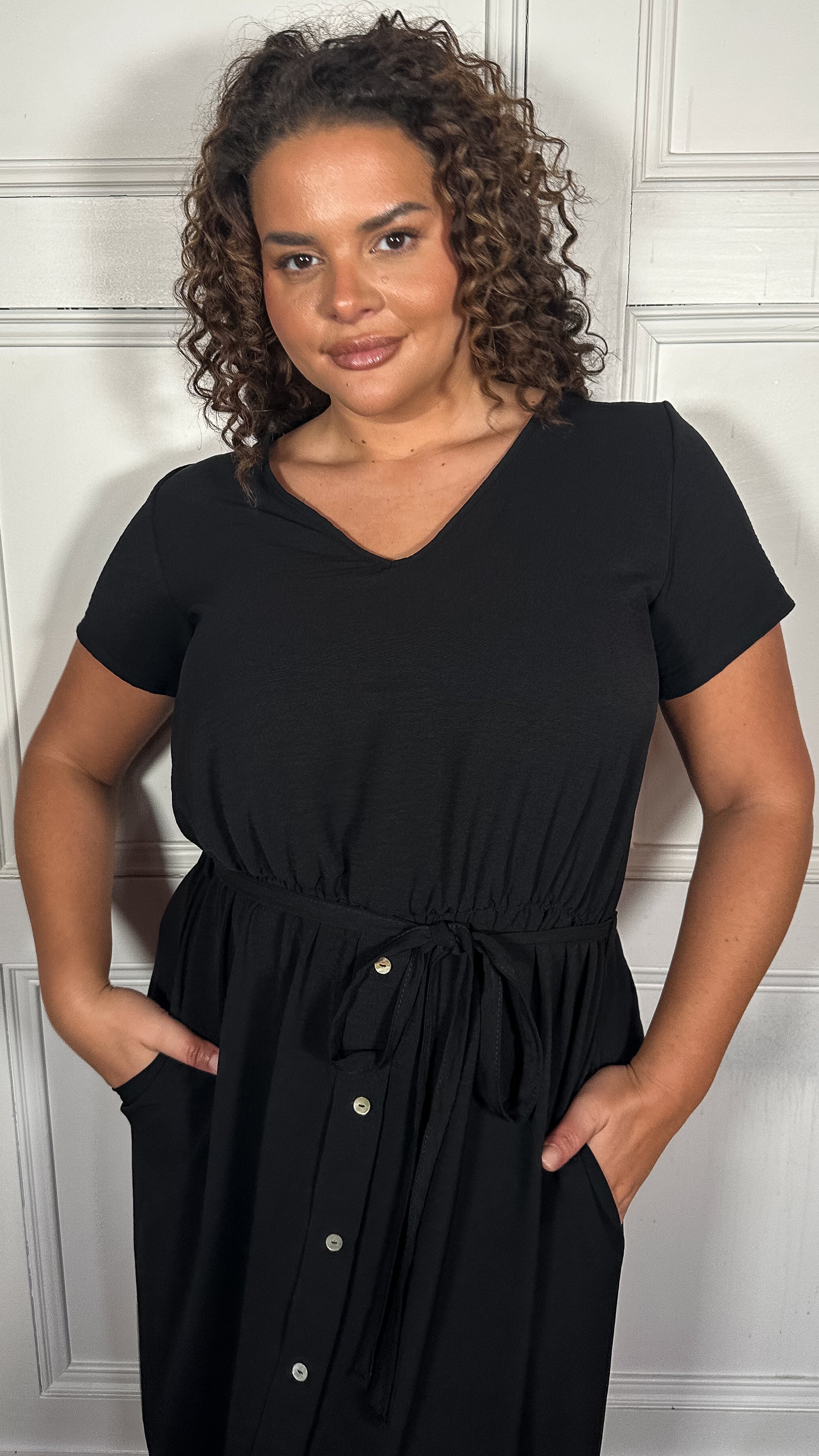 CurveWow Button Front Ocean Crepe Maxi Dress Black