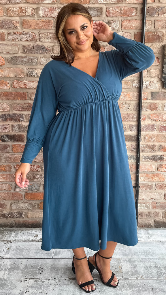 CurveWow Long Sleeve Tie Back Wrap Dress Blue Curvewow CurveWow Long Sleeve Tie Back Wrap Dress Blue Curvewow