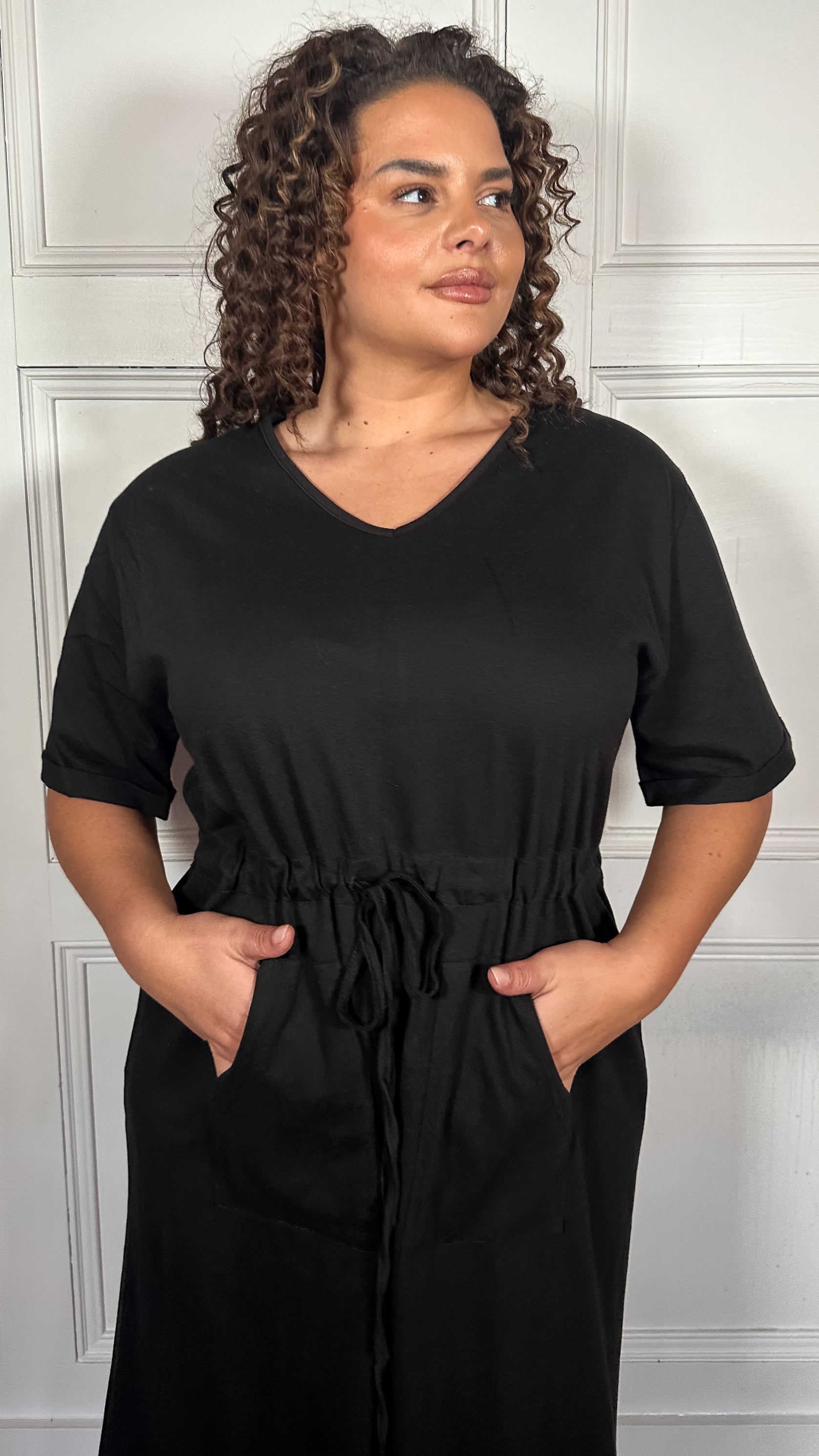 CurveWow Maxi T-Shirt Dress With Drawstring Black