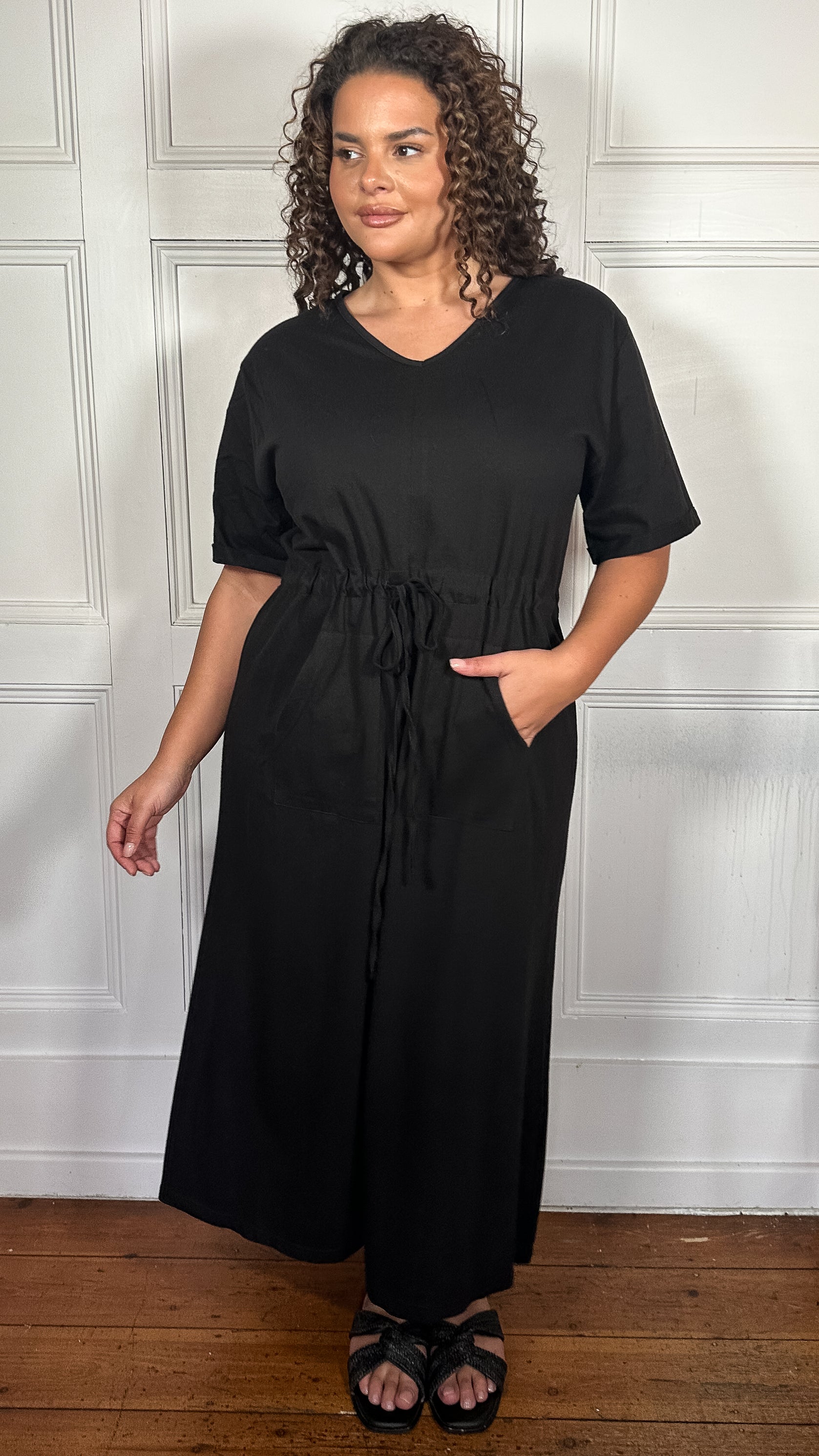 CurveWow Maxi T-Shirt Dress With Drawstring Black