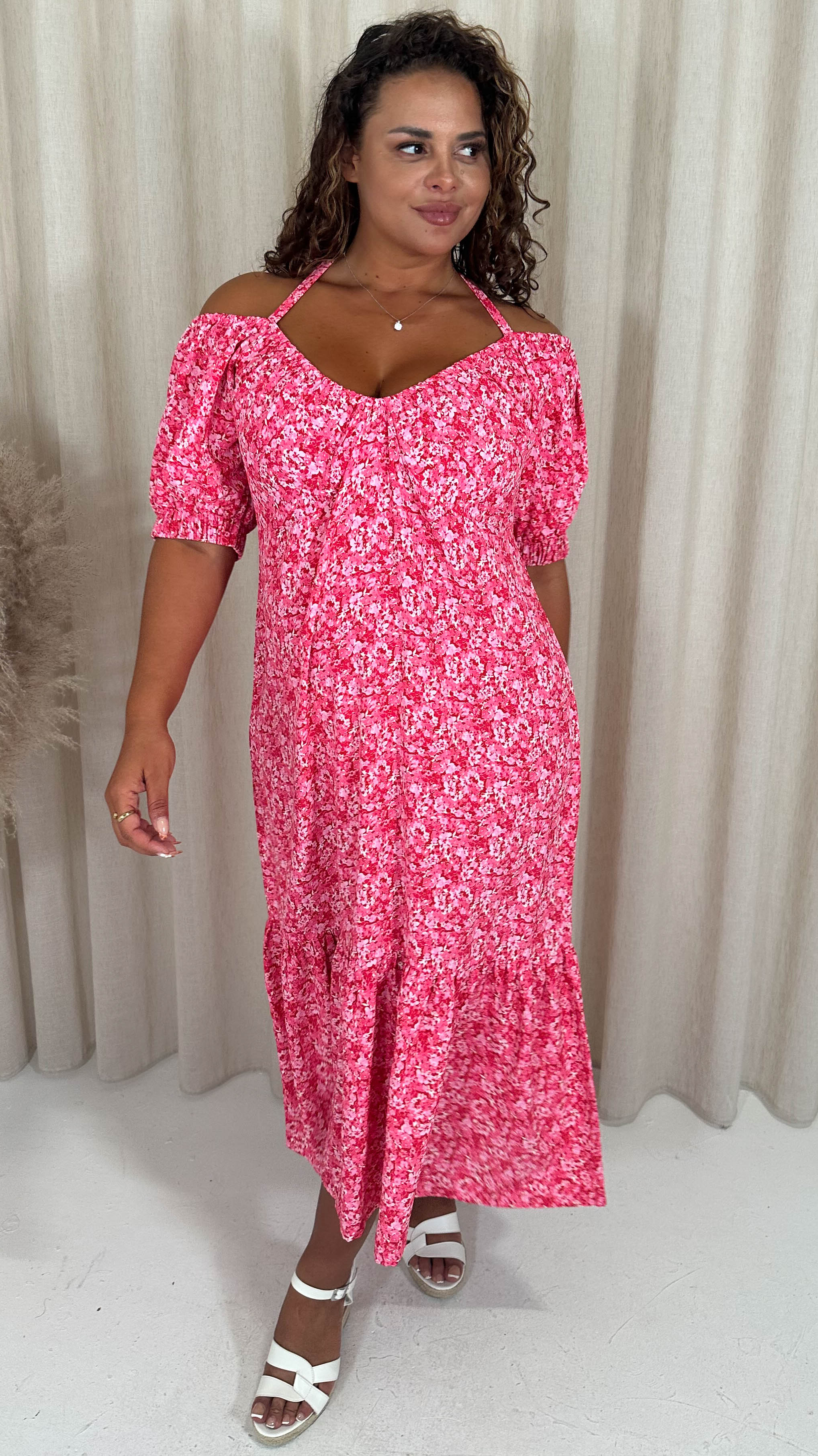 CurveWow Frill Hem Halter Tie Midi Dress Red/Pink Floral