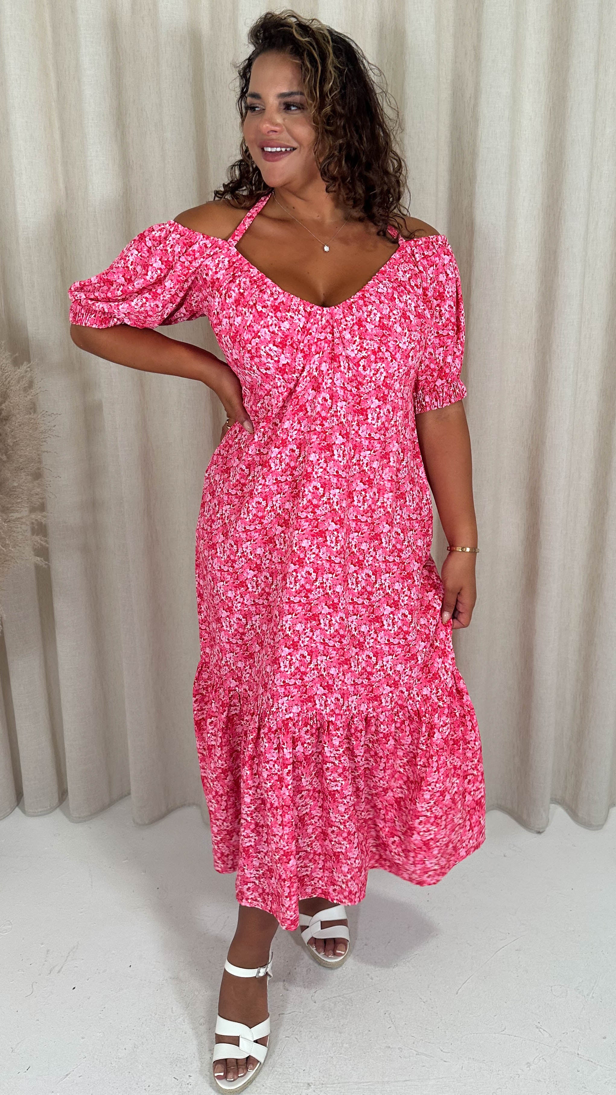 CurveWow Frill Hem Halter Tie Midi Dress Red/Pink Floral