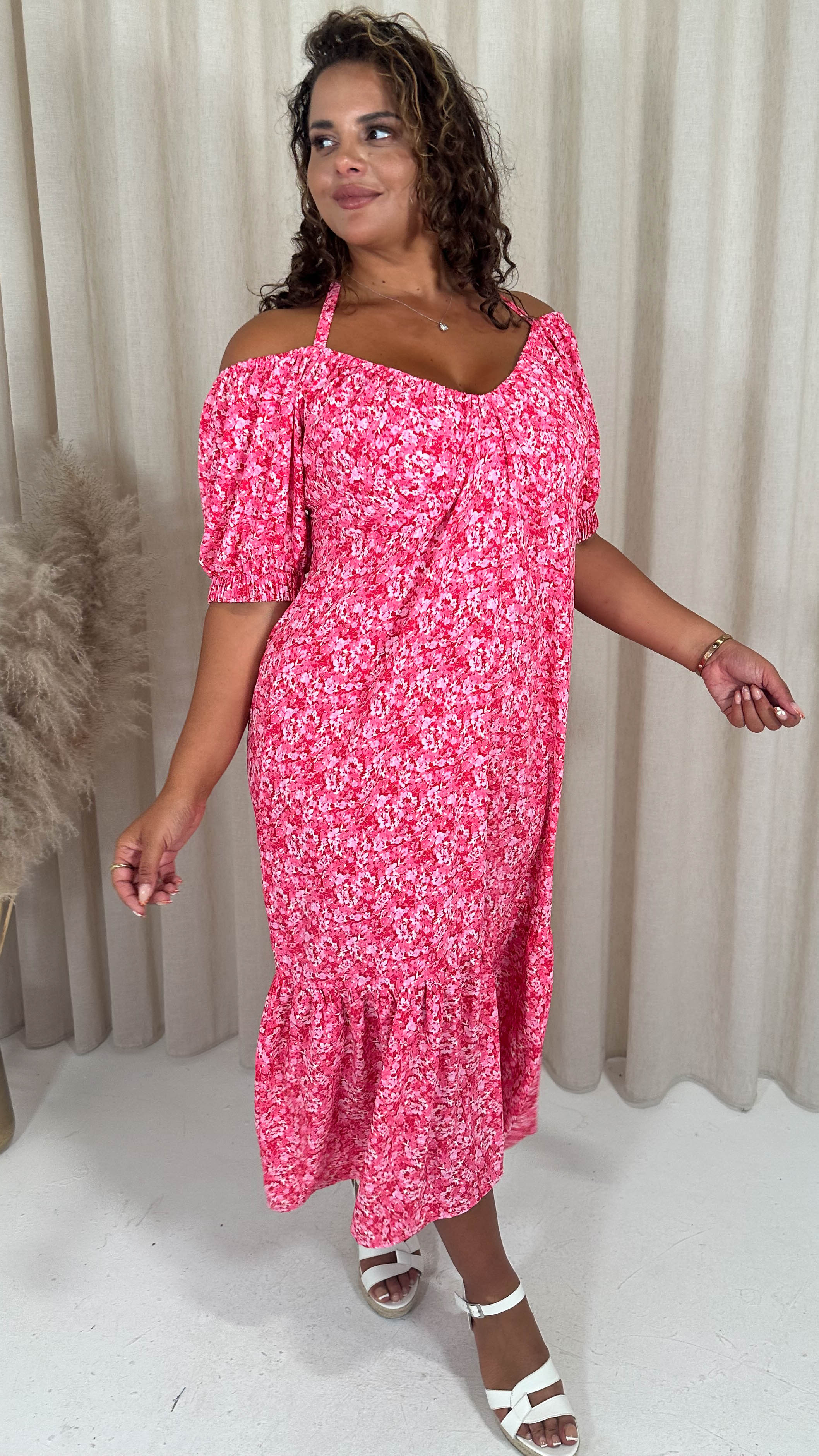 CurveWow Frill Hem Halter Tie Midi Dress Red/Pink Floral