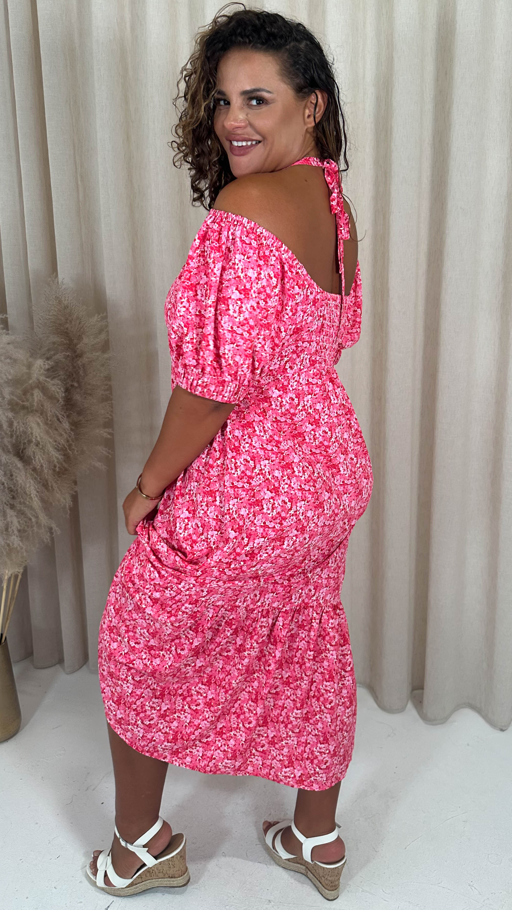 CurveWow Frill Hem Halter Tie Midi Dress Red/Pink Floral