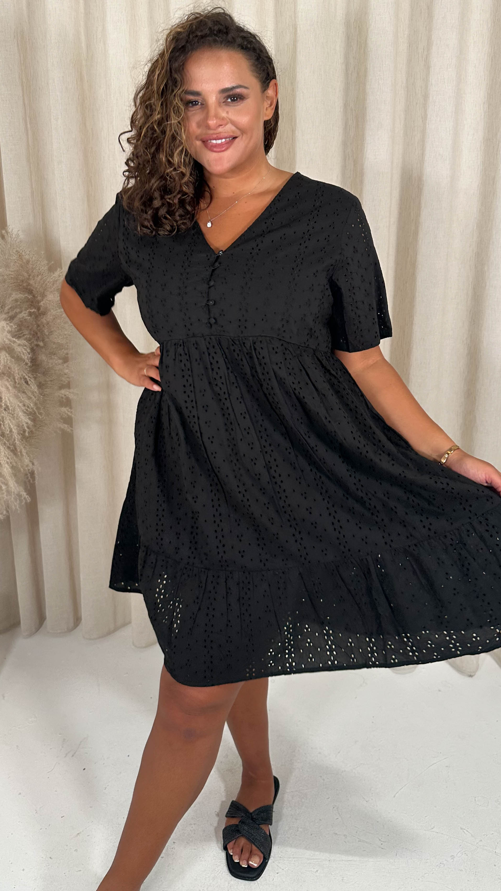 CurveWow Broderie Tea Dress Black