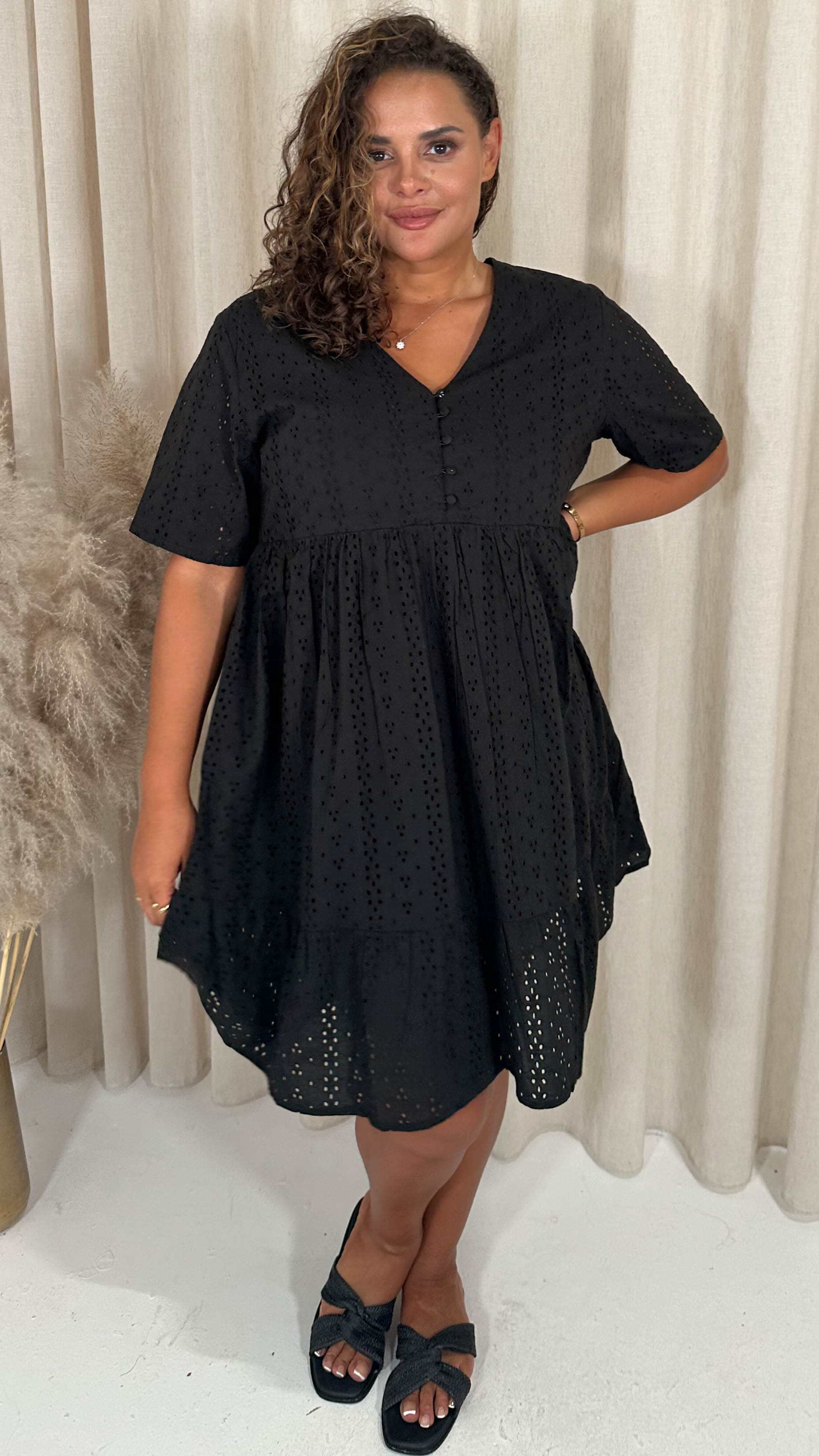 CurveWow Broderie Tea Dress Black