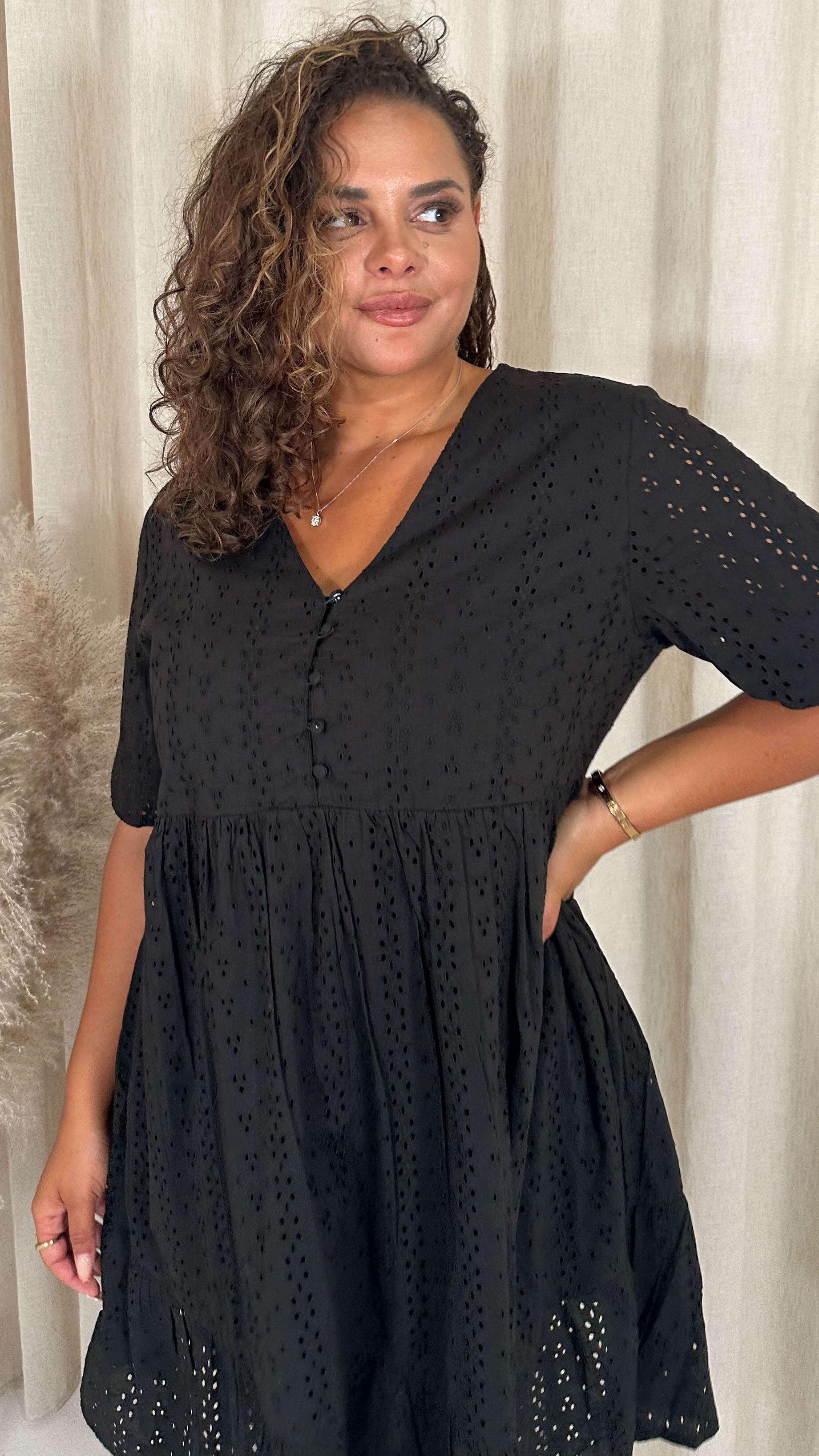 CurveWow Broderie Tea Dress Black