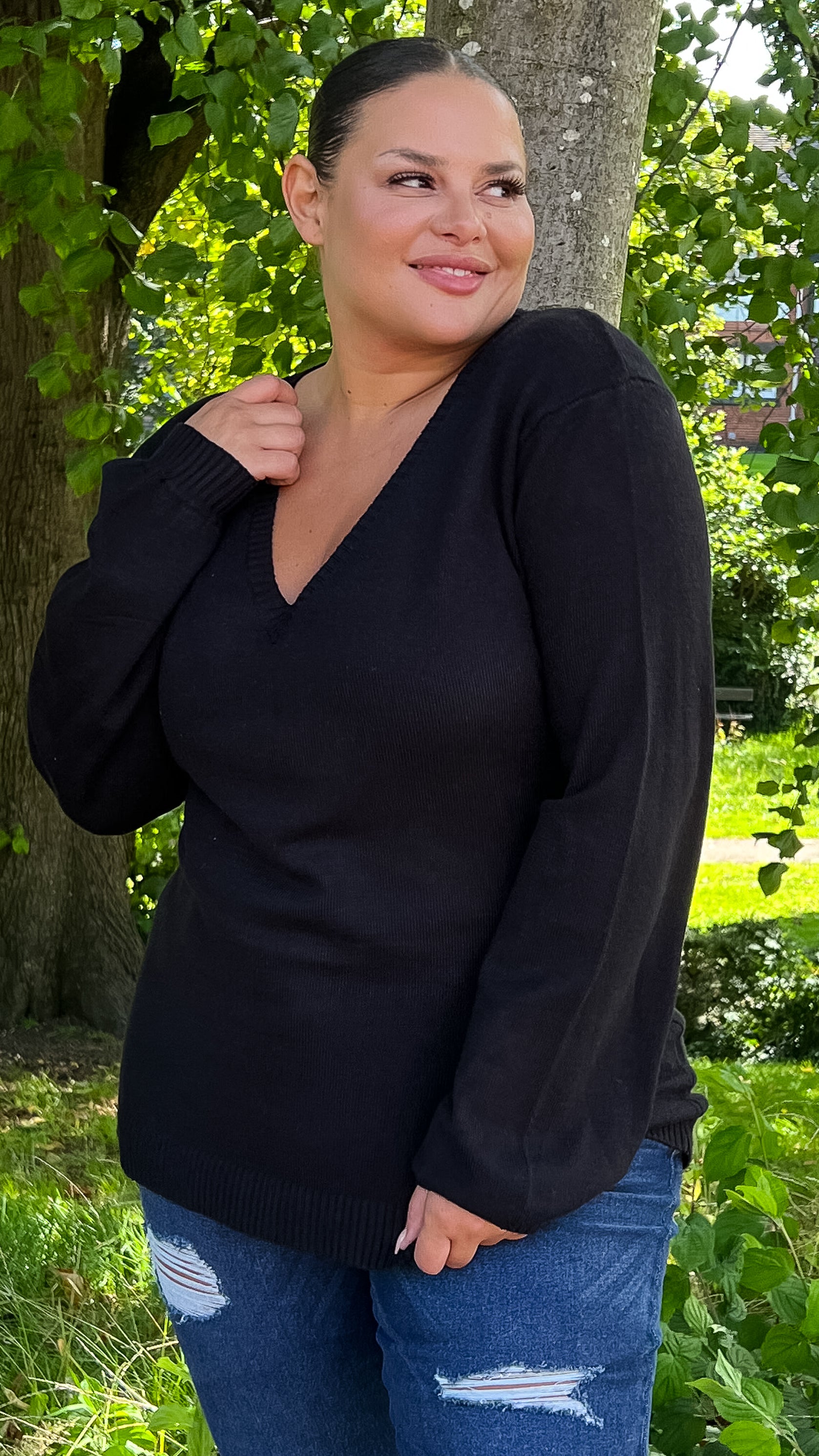 CurveWow Longline V Neck Jumper Black