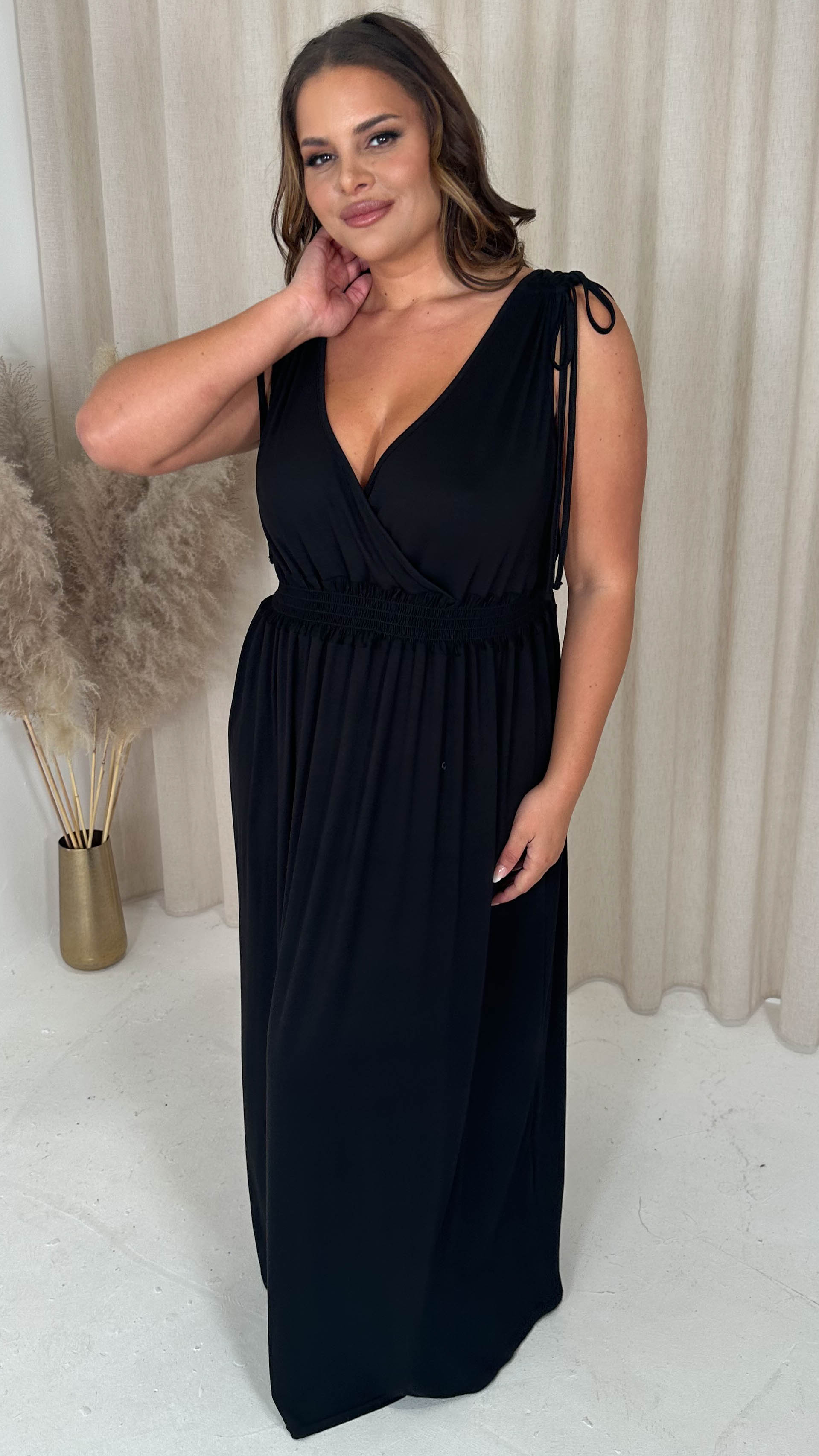 CurveWow Tie Shoulder Shirred Waist Maxi Dress Black