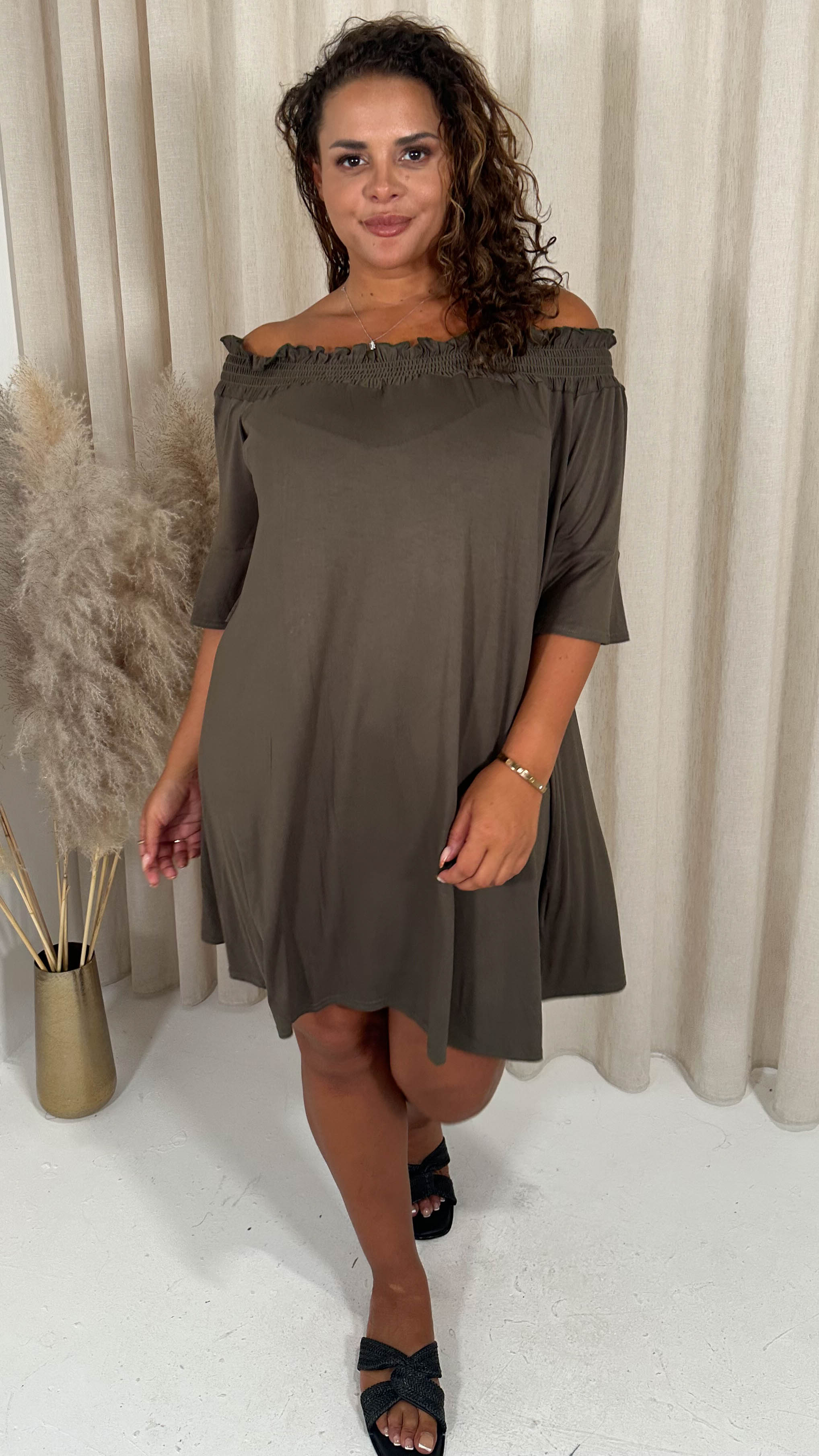 CurveWow Bardot Sundress Mini Khaki
