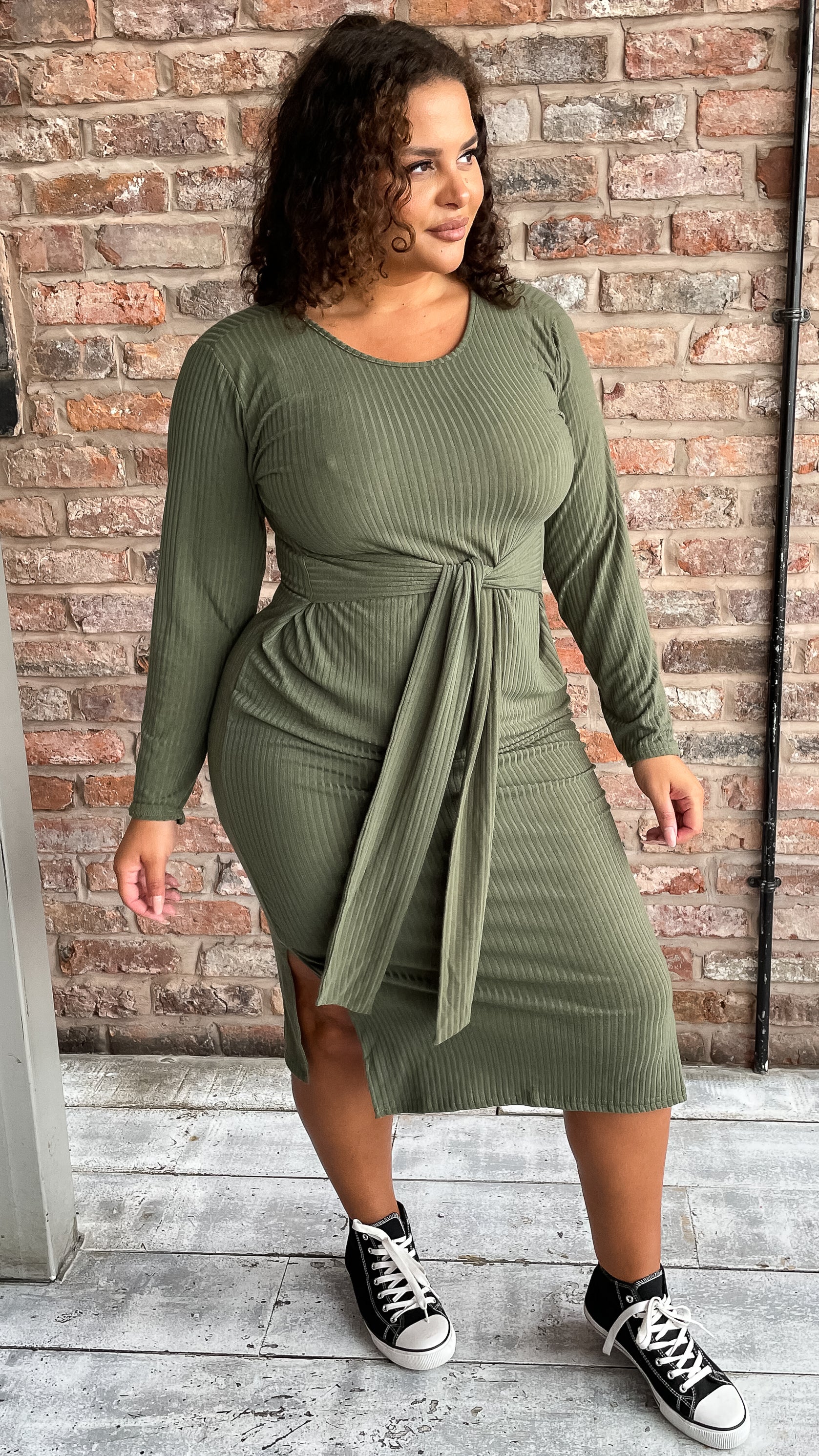 CurveWow Tie Waist Ribbed Midi Dress Khaki