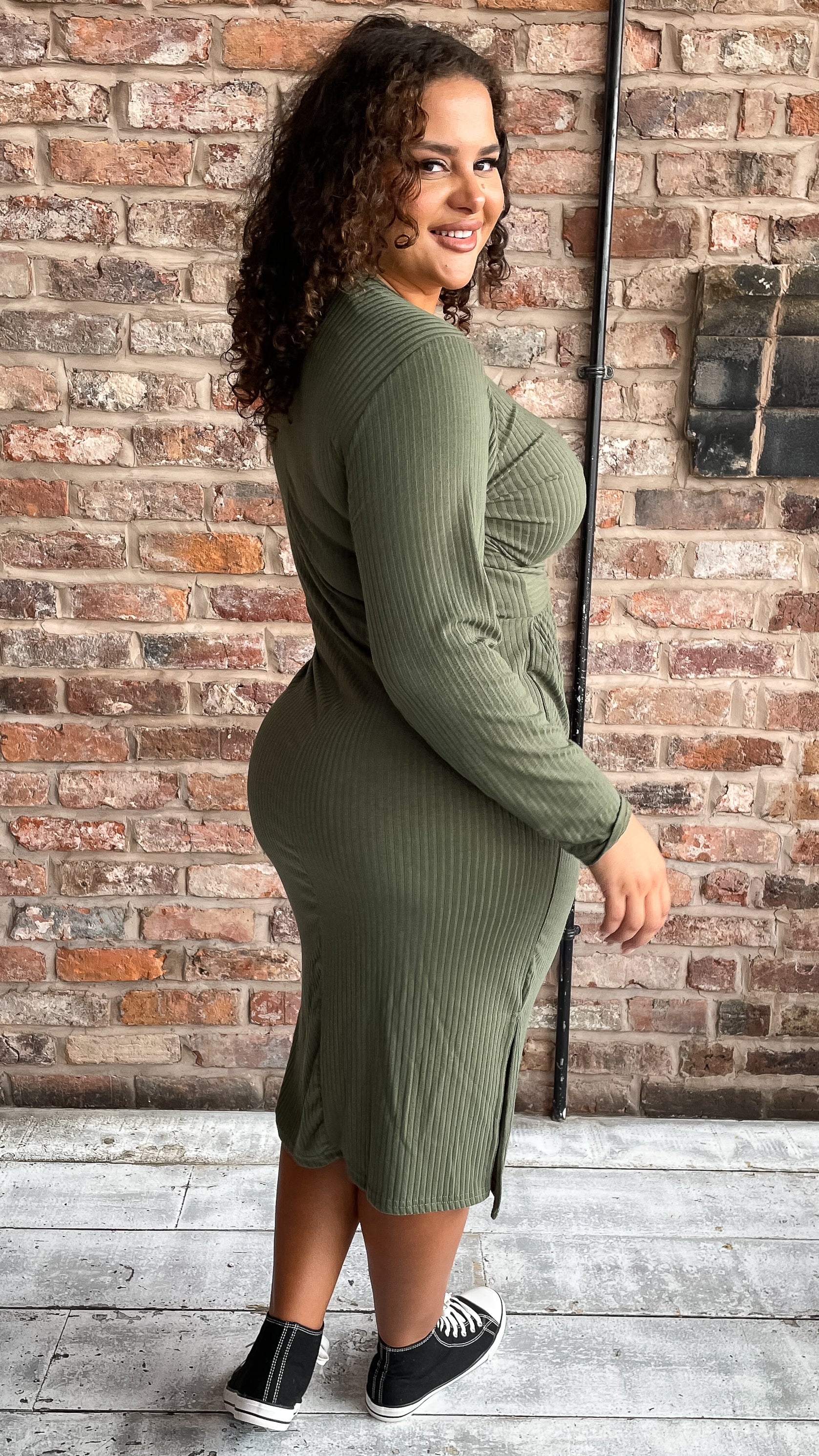 CurveWow Tie Waist Ribbed Midi Dress Khaki