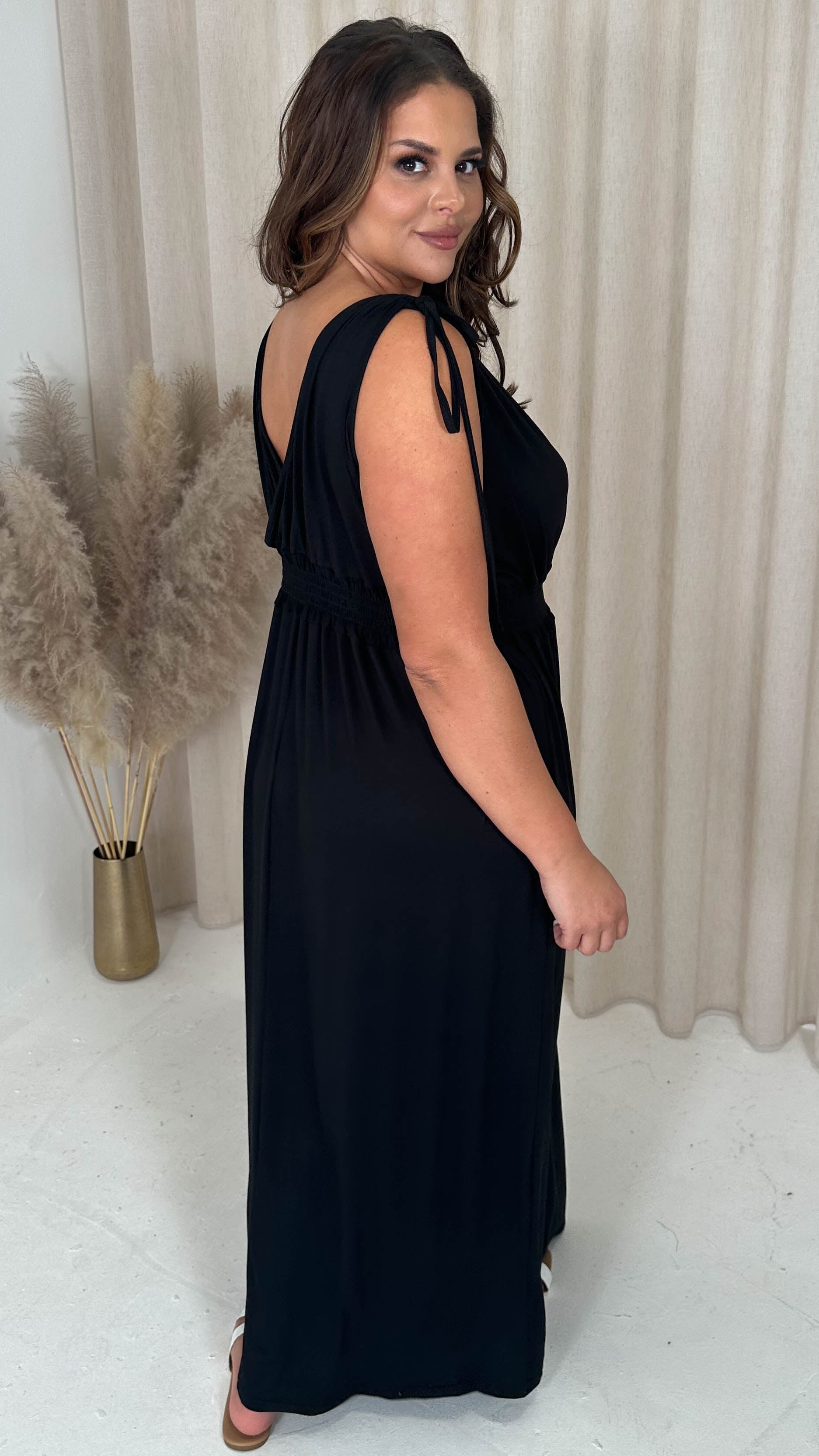 CurveWow Tie Shoulder Shirred Waist Maxi Dress Black