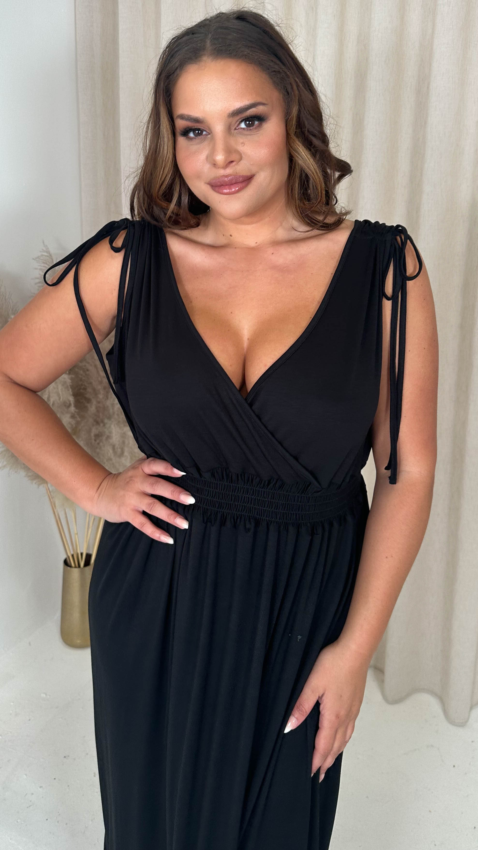 CurveWow Tie Shoulder Shirred Waist Maxi Dress Black