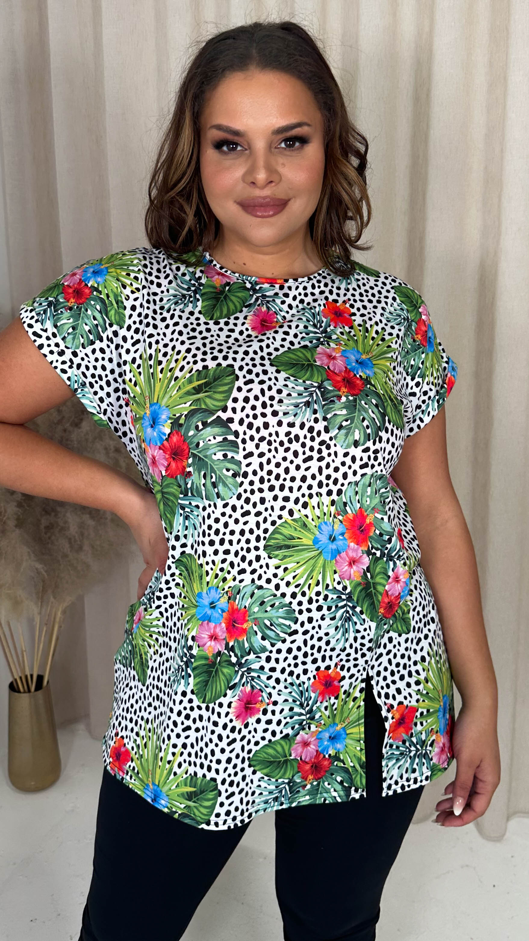 CurveWow Drop Shoulder Split Front Tunic Spot Palm