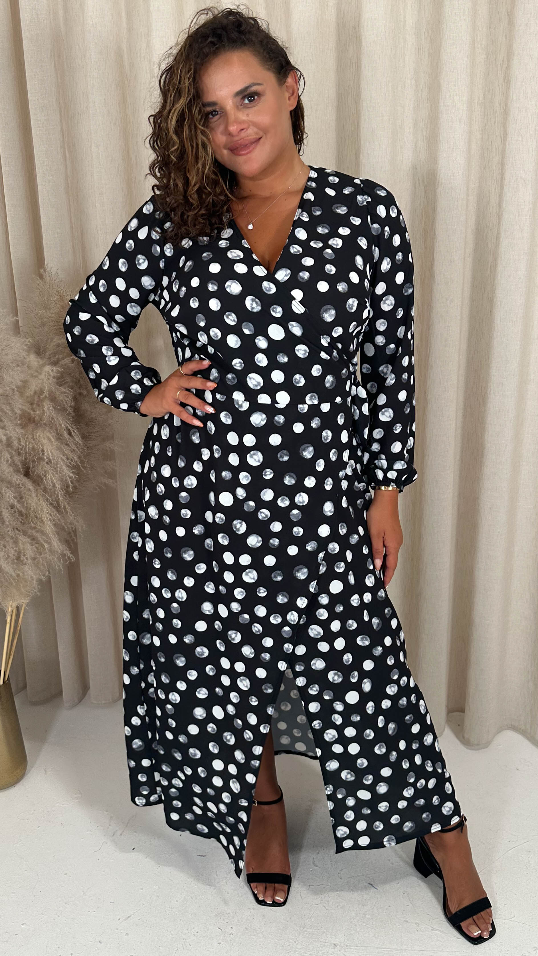CurveWow Wrap Maxi Dress Polka Dot Mono