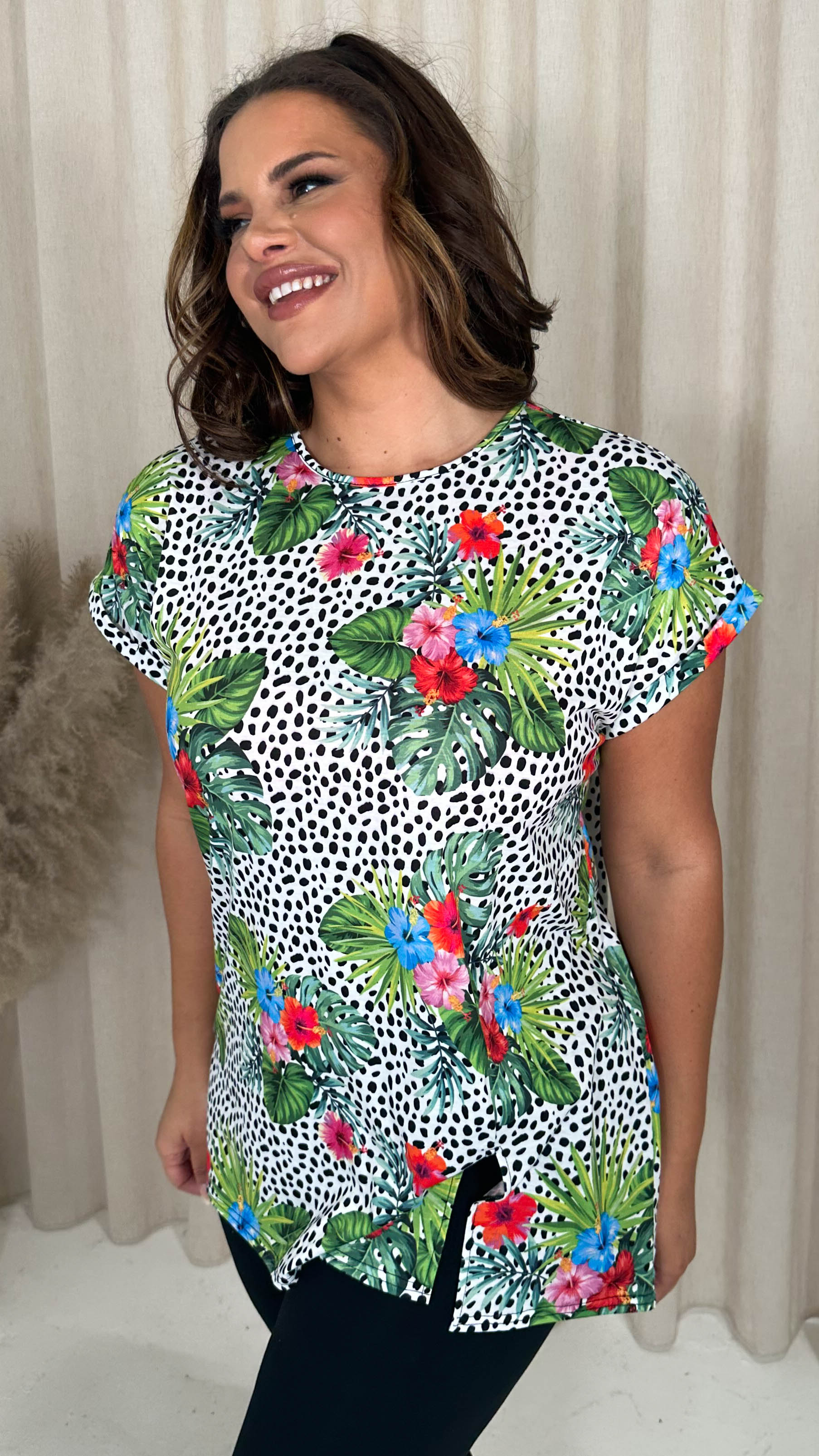 CurveWow Drop Shoulder Split Front Tunic Spot Palm