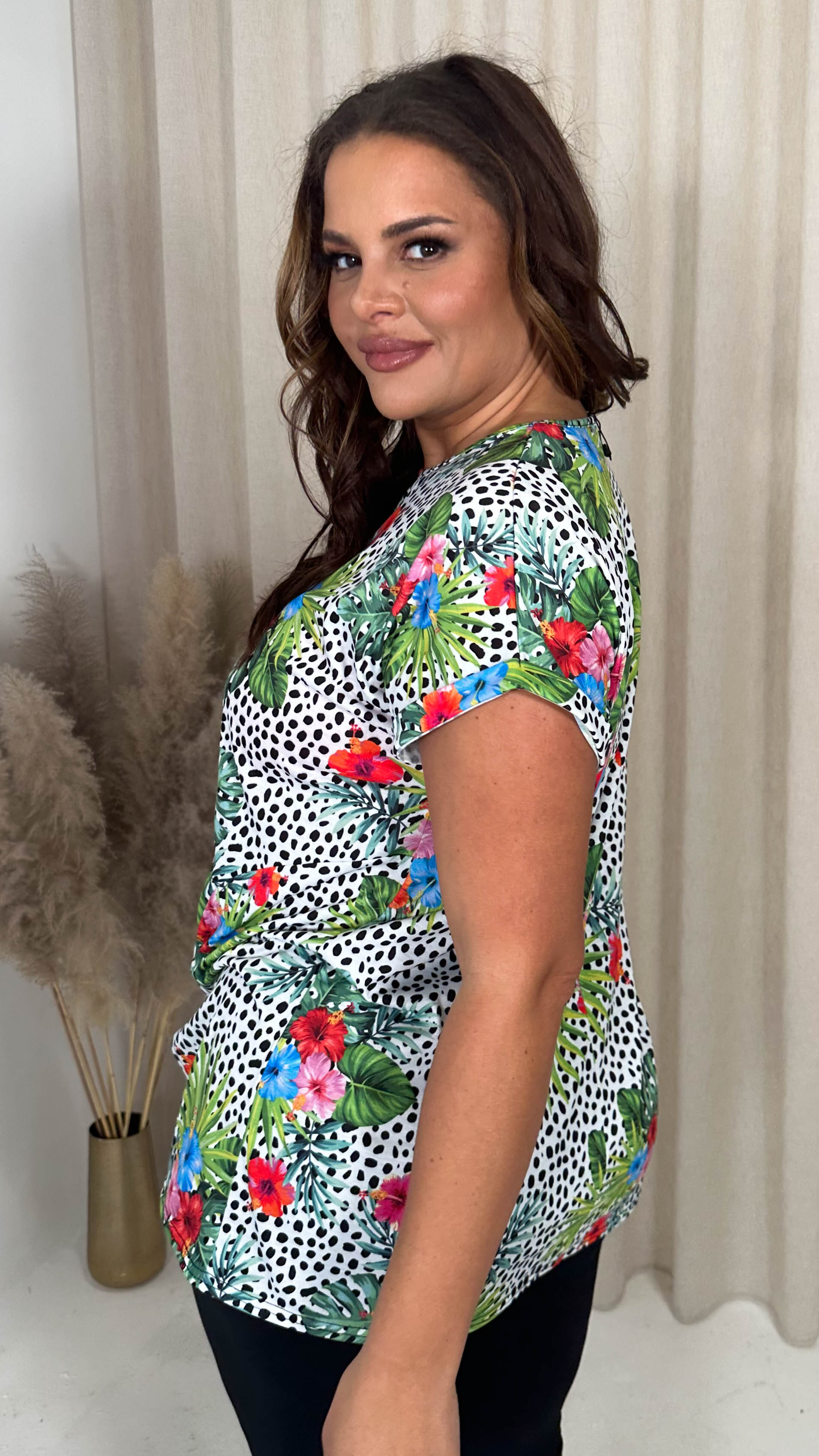 CurveWow Drop Shoulder Split Front Tunic Spot Palm