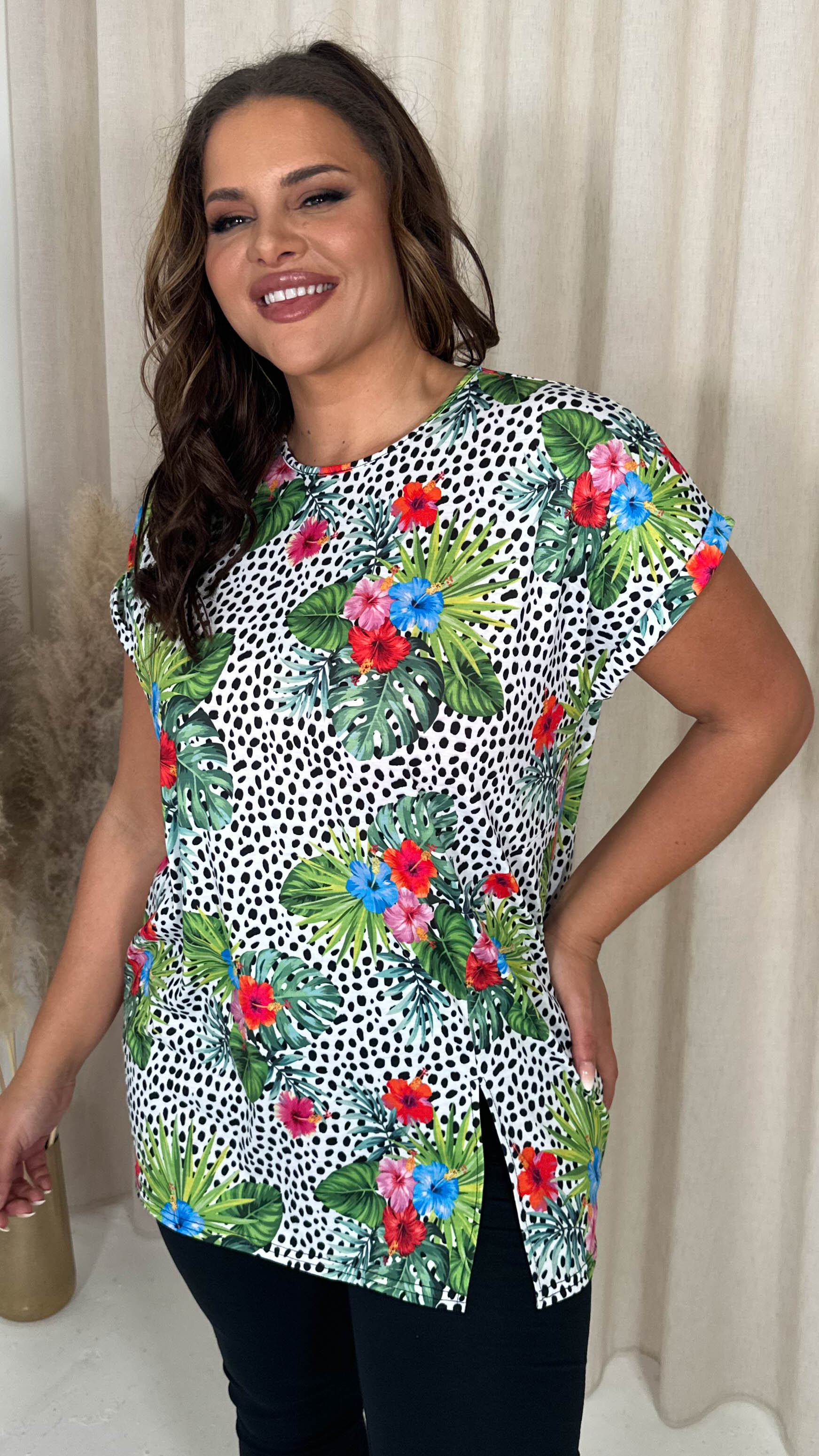 CurveWow Drop Shoulder Split Front Tunic Spot Palm