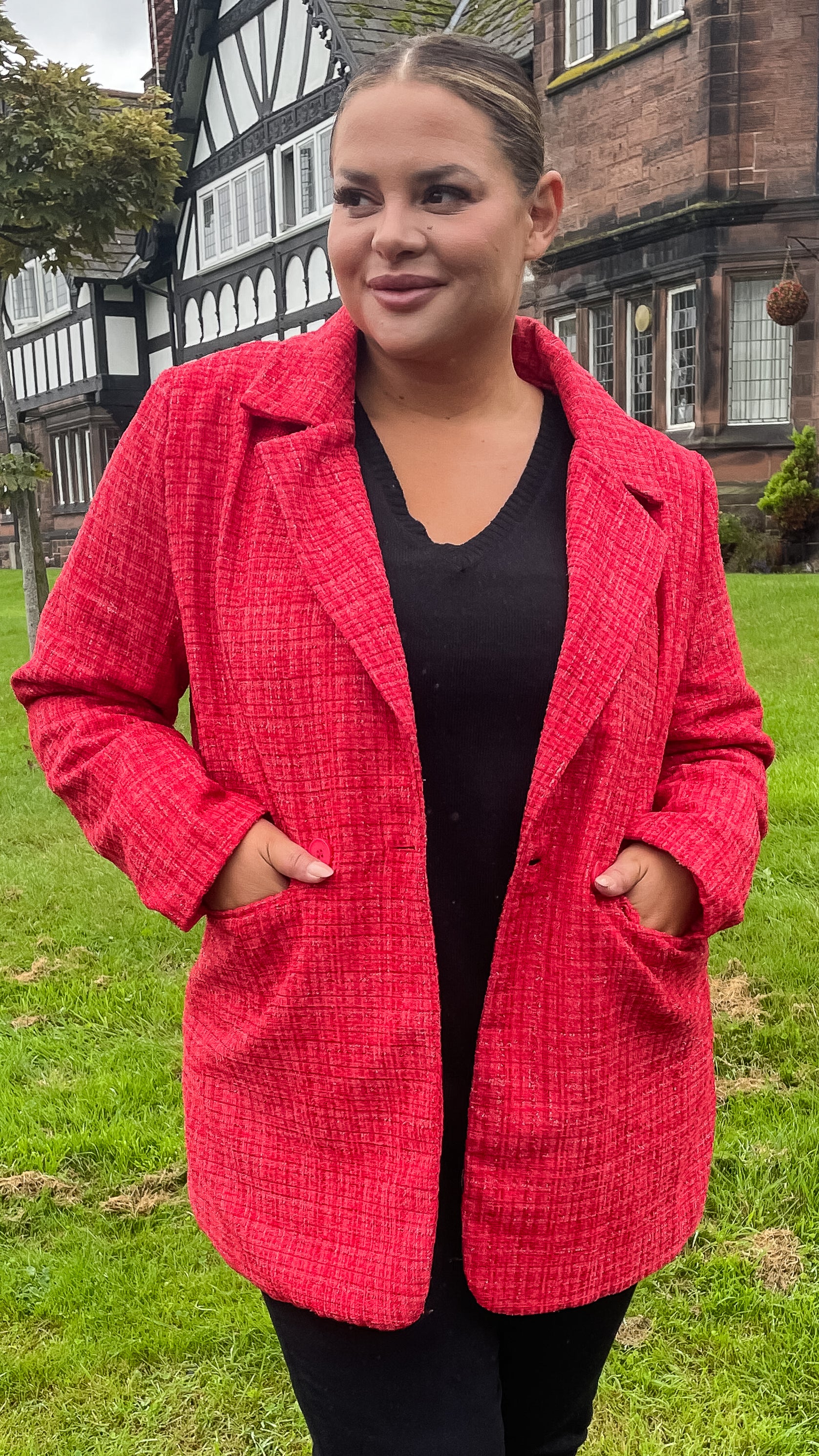 CurveWow Double Breasted Boucle Jacket Red