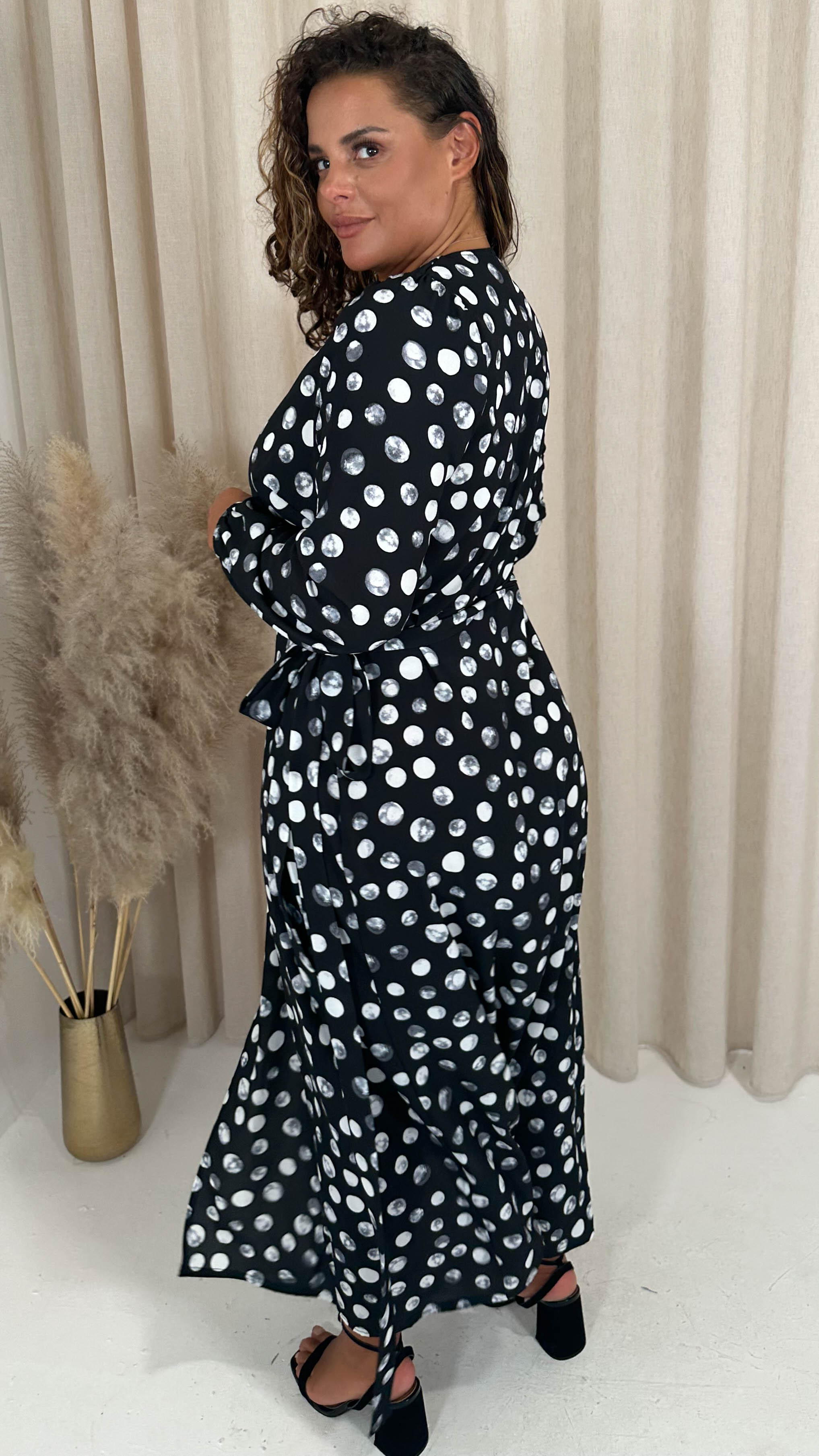 CurveWow Wrap Maxi Dress Polka Dot Mono