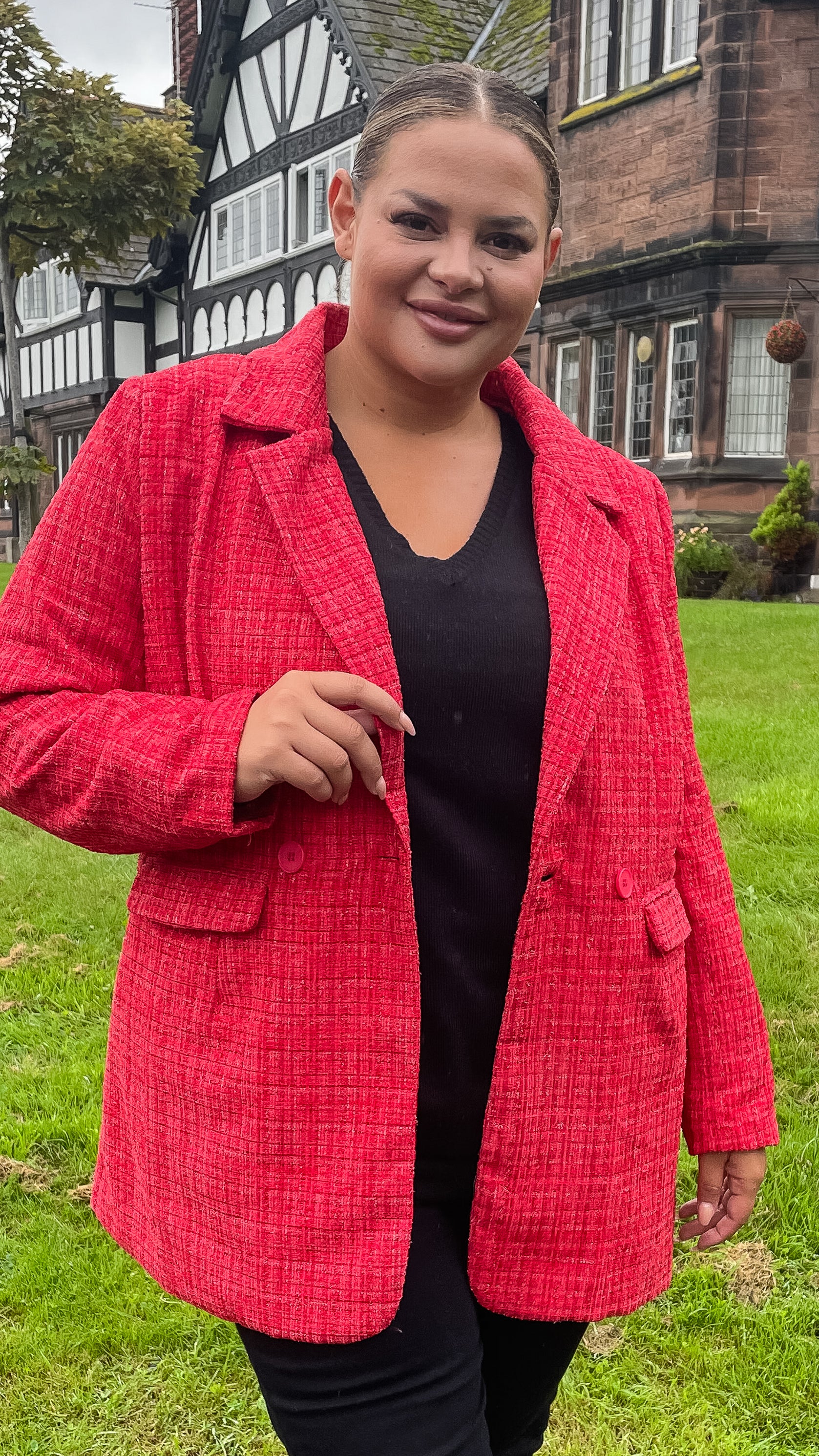 CurveWow Double Breasted Boucle Jacket Red