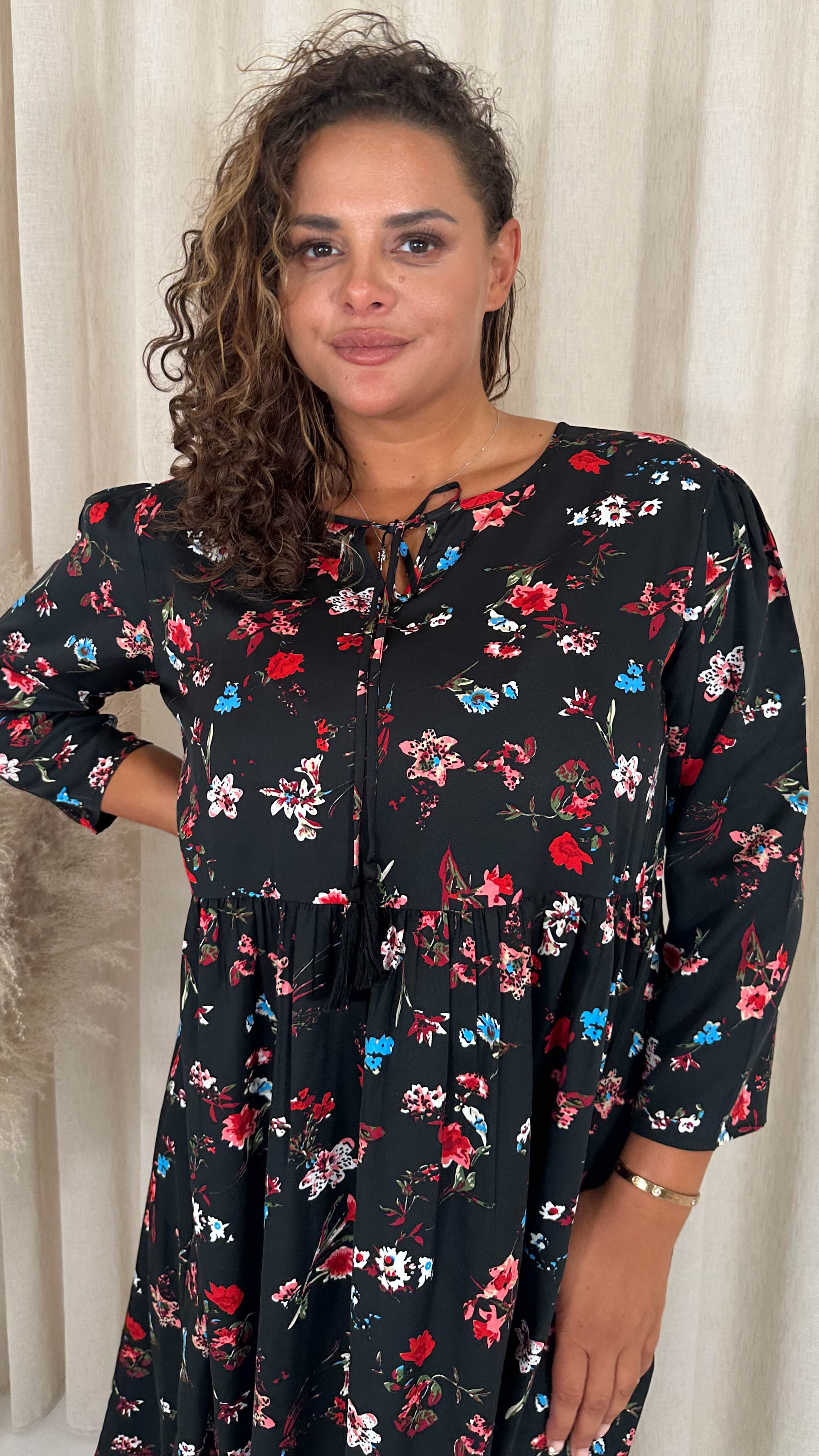 CurveWow Tassel Midaxi Dress Black Floral