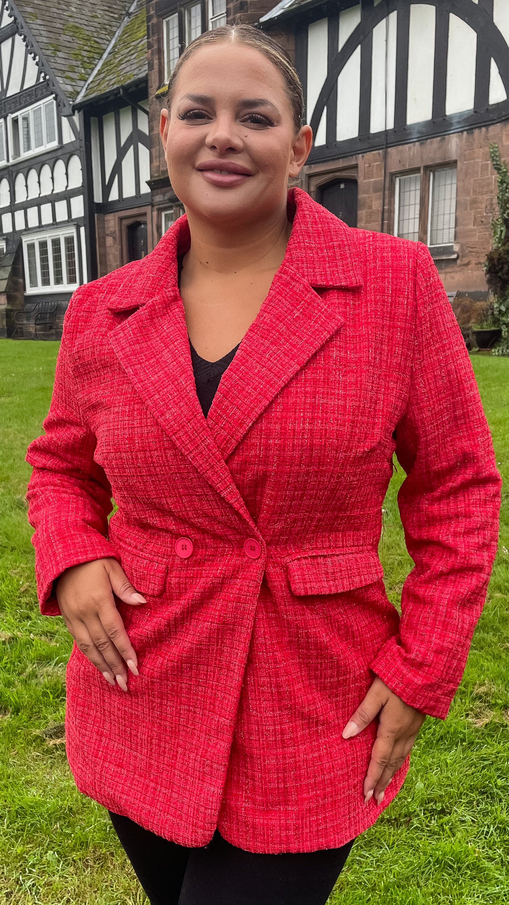 CurveWow Double Breasted Boucle Jacket Red