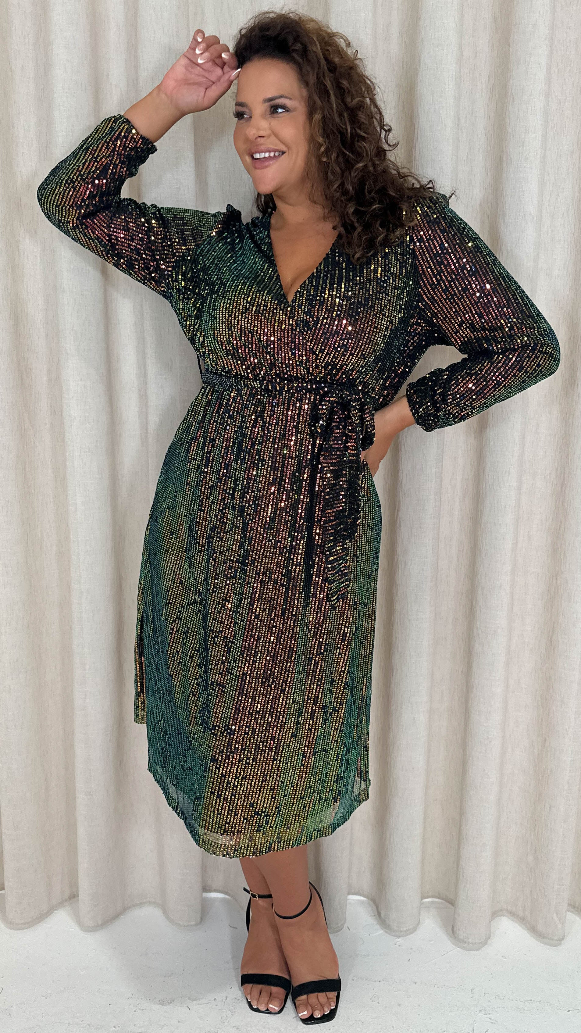 CurveWow Sequin Long Sleeve Midi Dress Multi Black