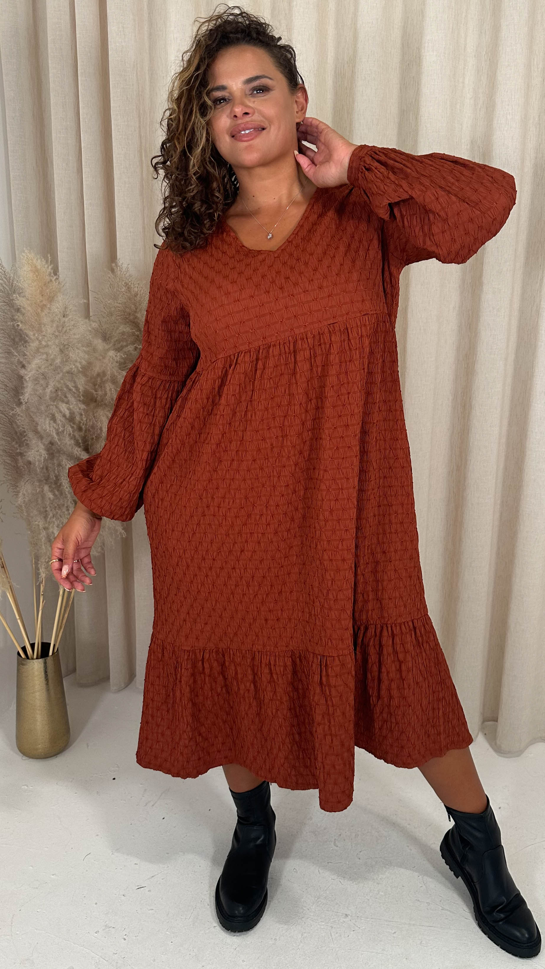 CurveWow Textured V Neck Smock Dress Rust