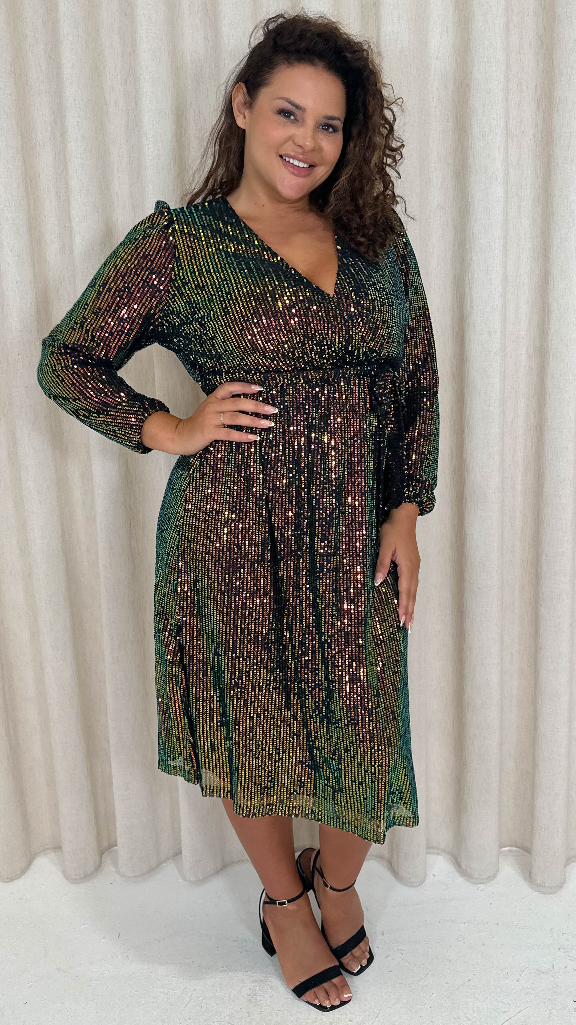CurveWow Sequin Long Sleeve Midi Dress Multi Black