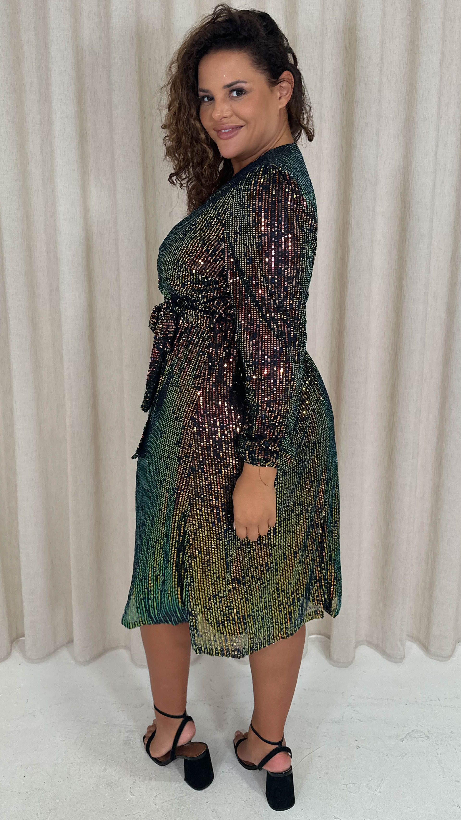 CurveWow Sequin Long Sleeve Midi Dress Multi Black