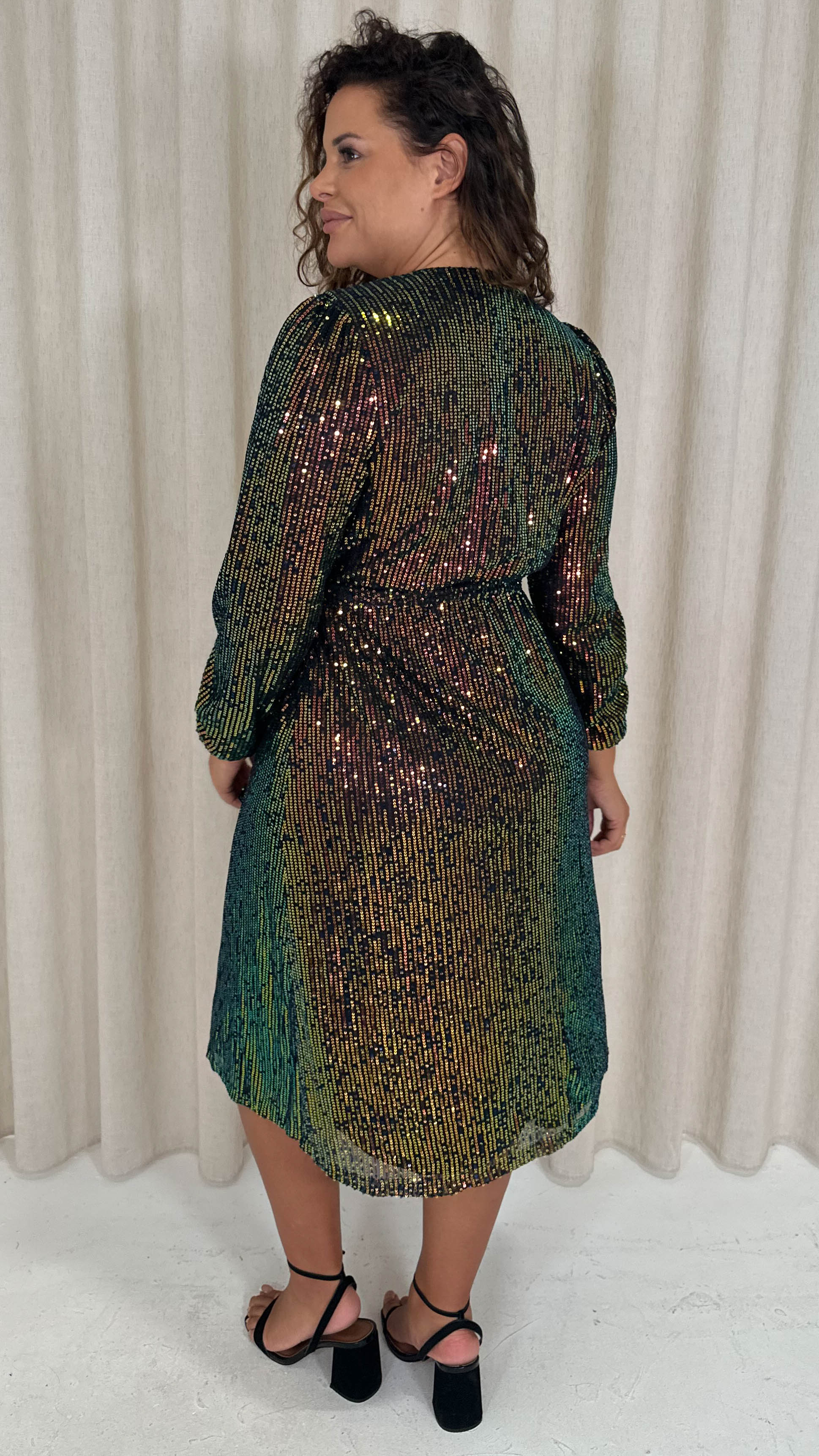 CurveWow Sequin Long Sleeve Midi Dress Multi Black