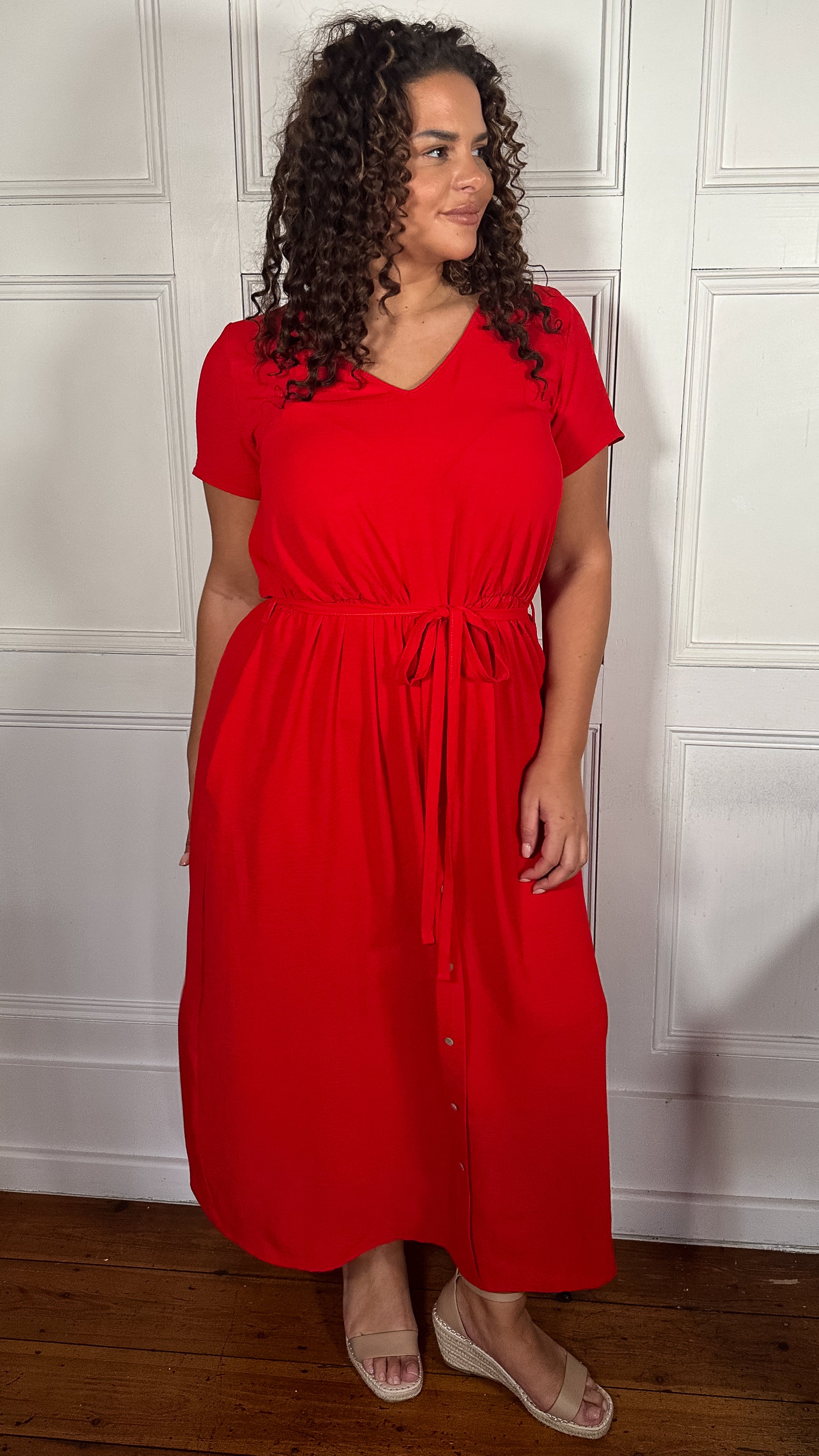 CurveWow Button Front Ocean Crepe Maxi Dress Red