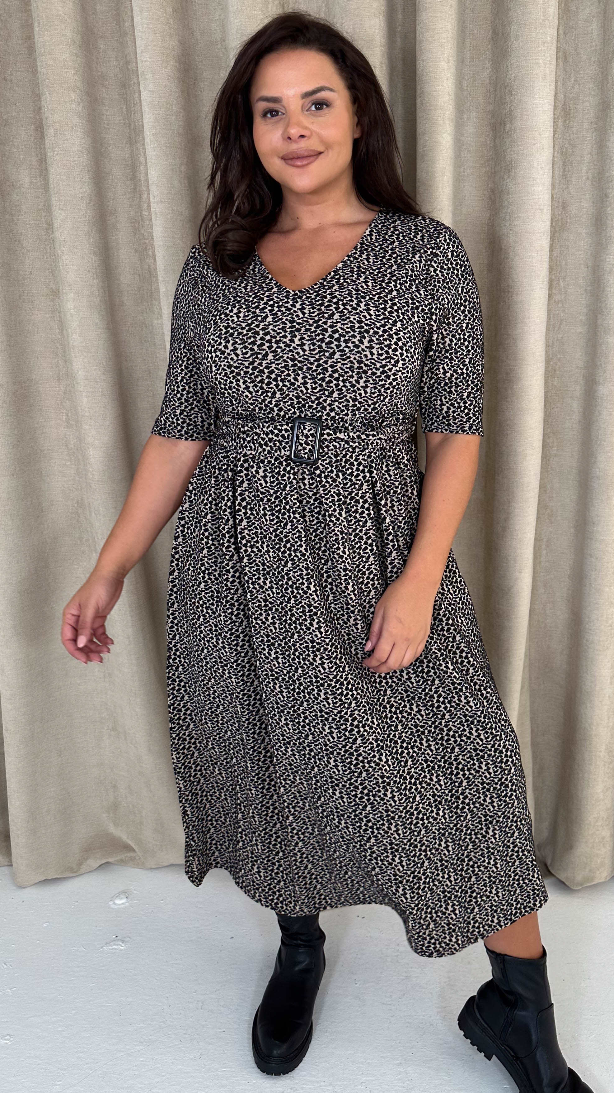 CurveWow 3/4 Sleeve Belted Midi Dress Animal Print