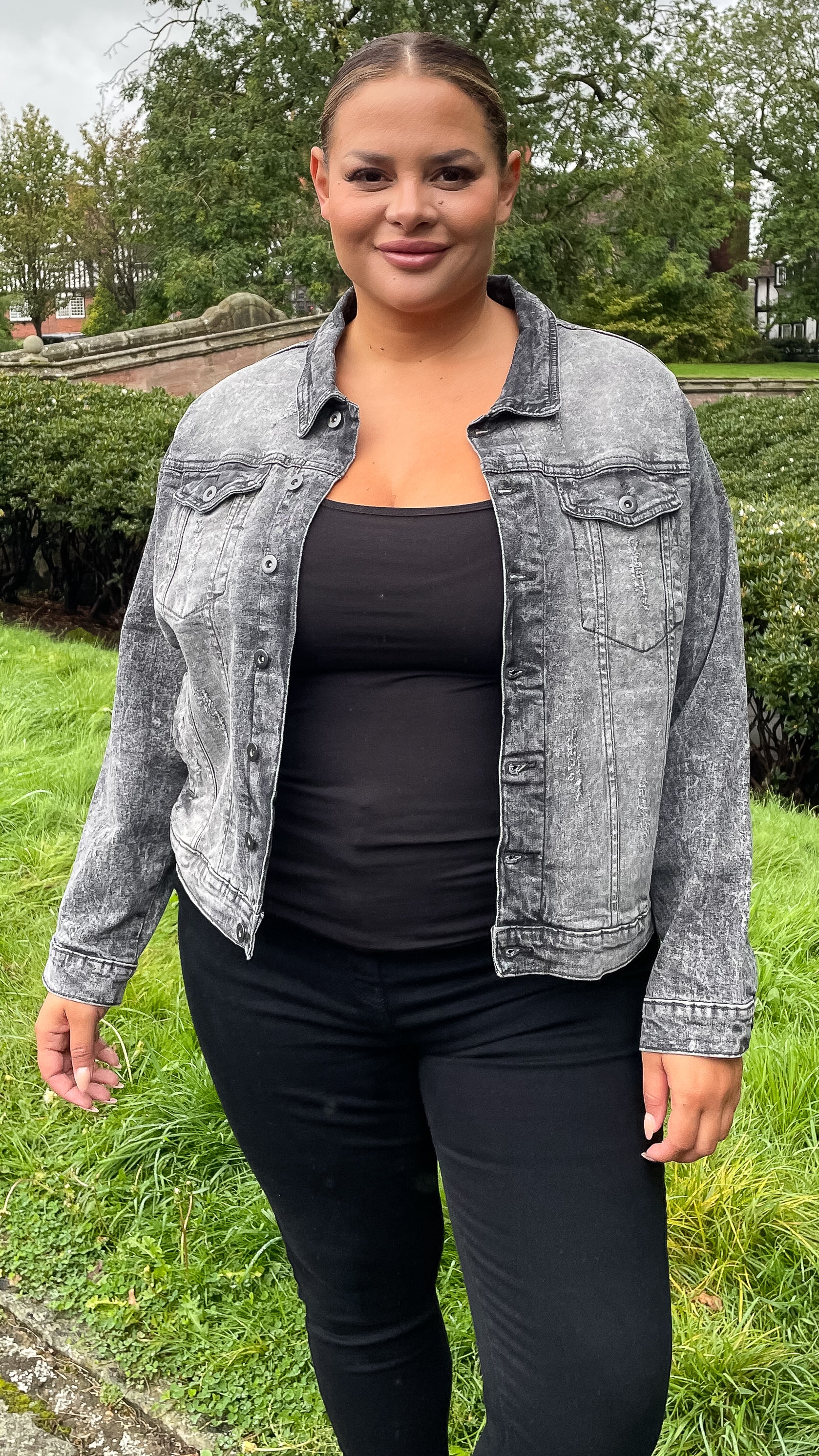 CurveWow Distressed Denim Jacket Grey Acid Wash