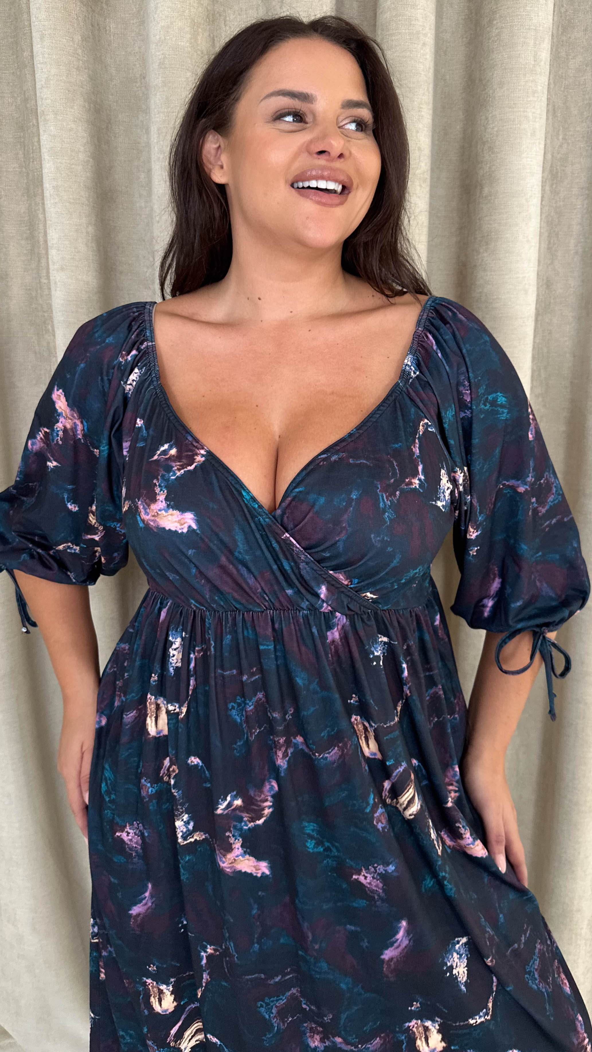 CurveWow Wrap 3/4 Balloon Sleeve Milkmaid Dress Black Marble