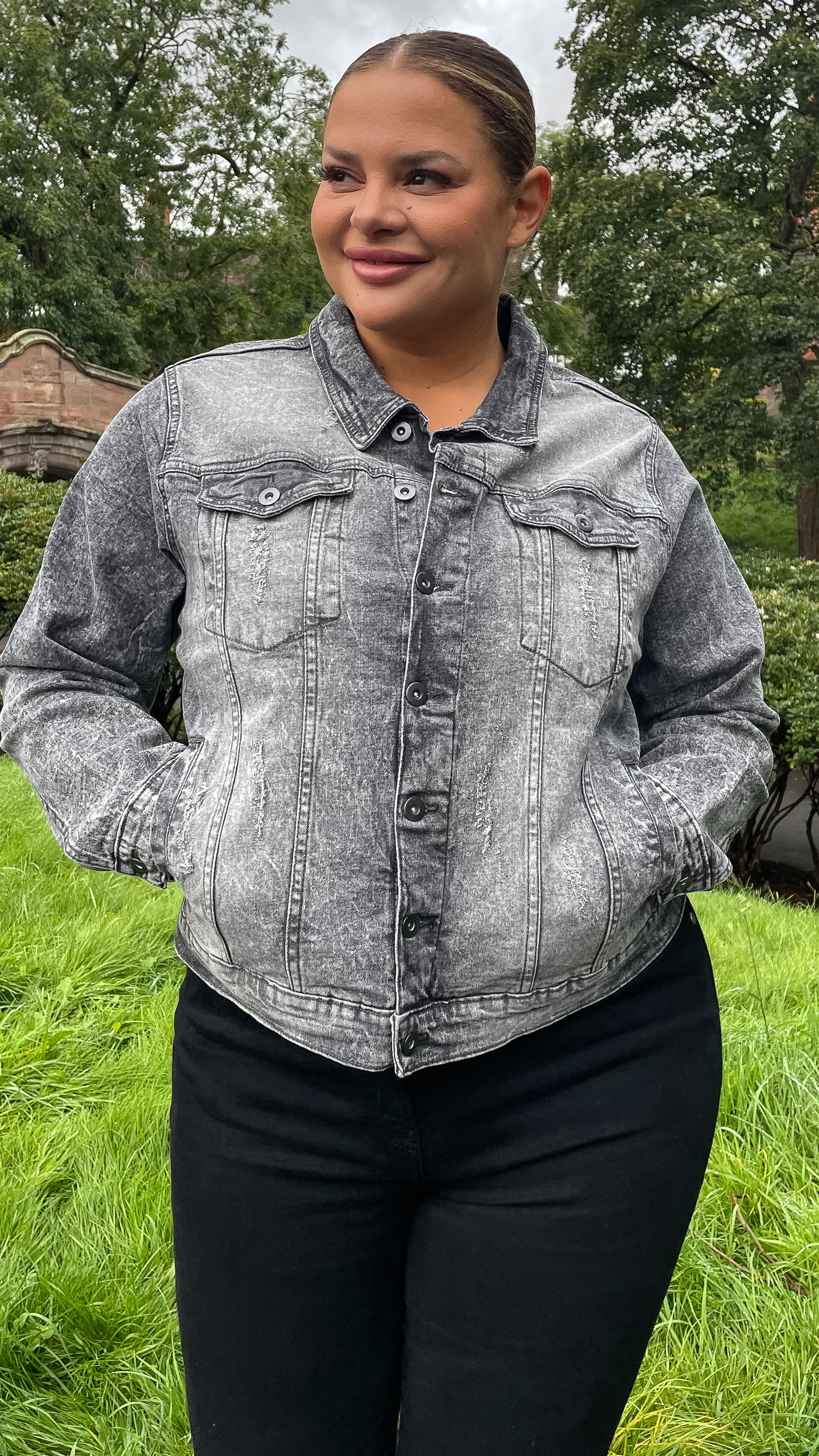 CurveWow Distressed Denim Jacket Grey Acid Wash