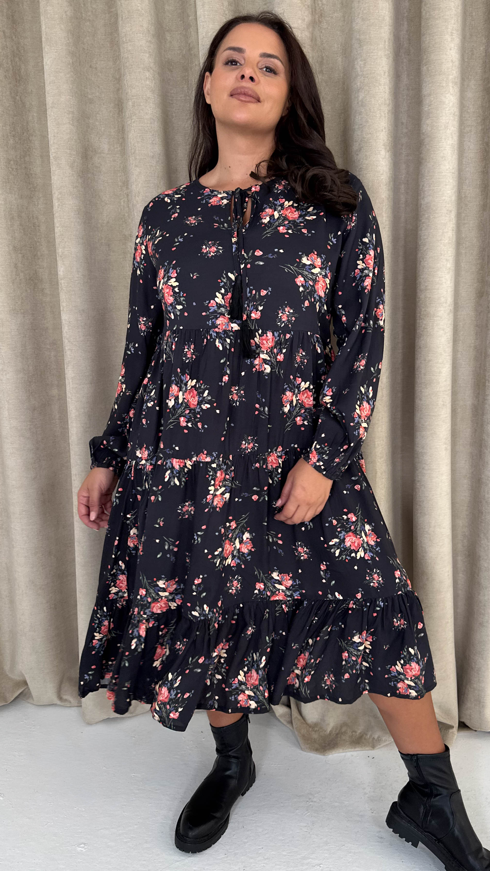 CurveWow Floral Tassel Tiered Dress Black Floral