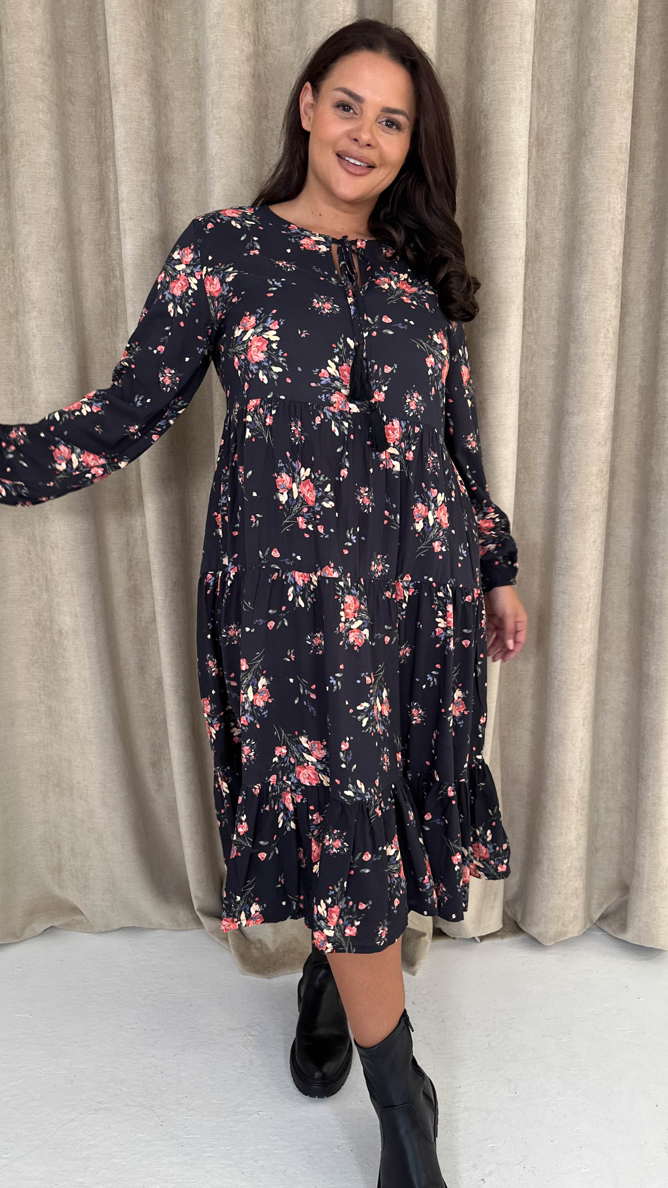 CurveWow Floral Tassel Tiered Dress Black Floral