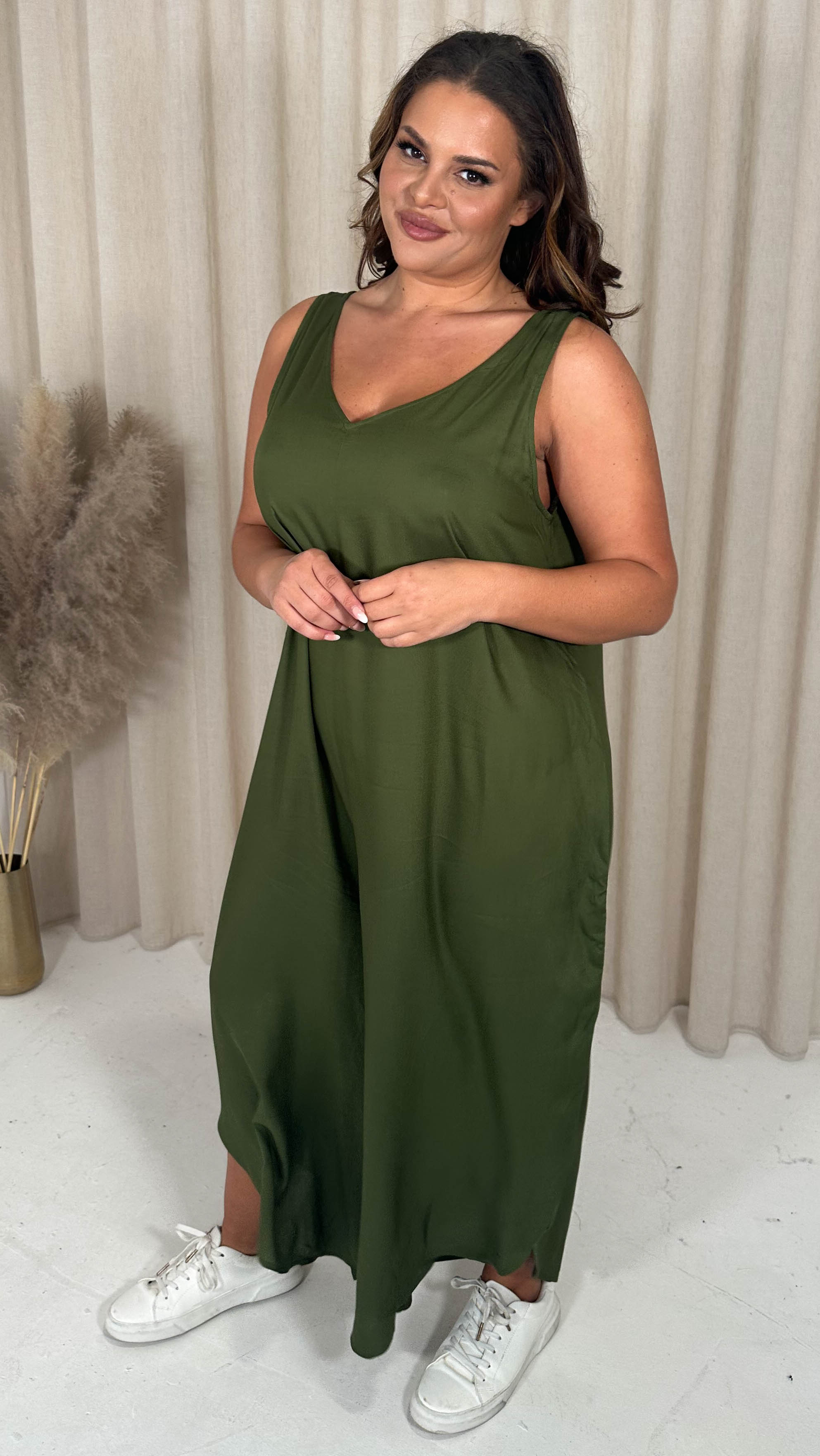 CurveWow Double V Neck Dip Hem Jumpsuit Khaki