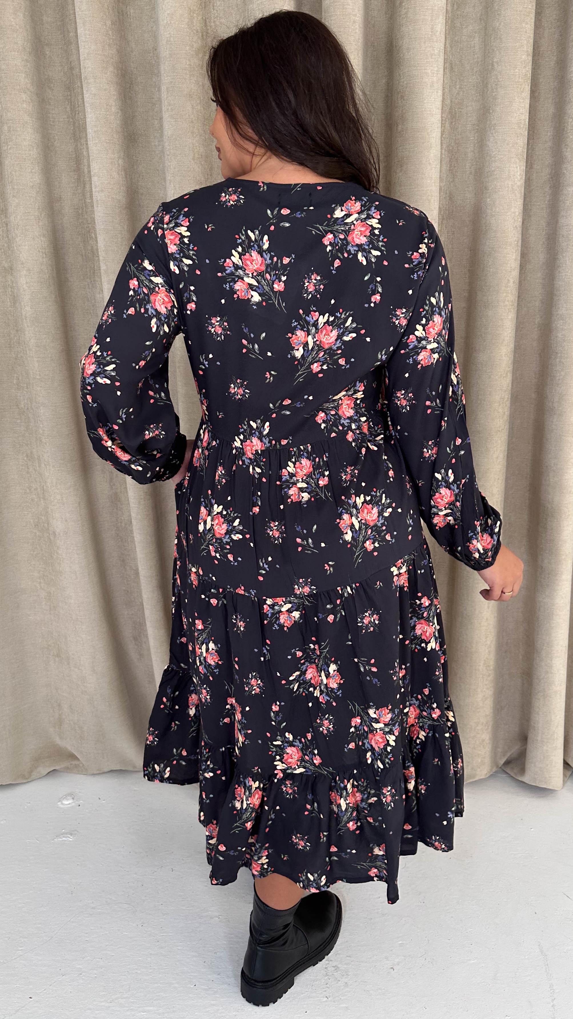 CurveWow Floral Tassel Tiered Dress Black Floral