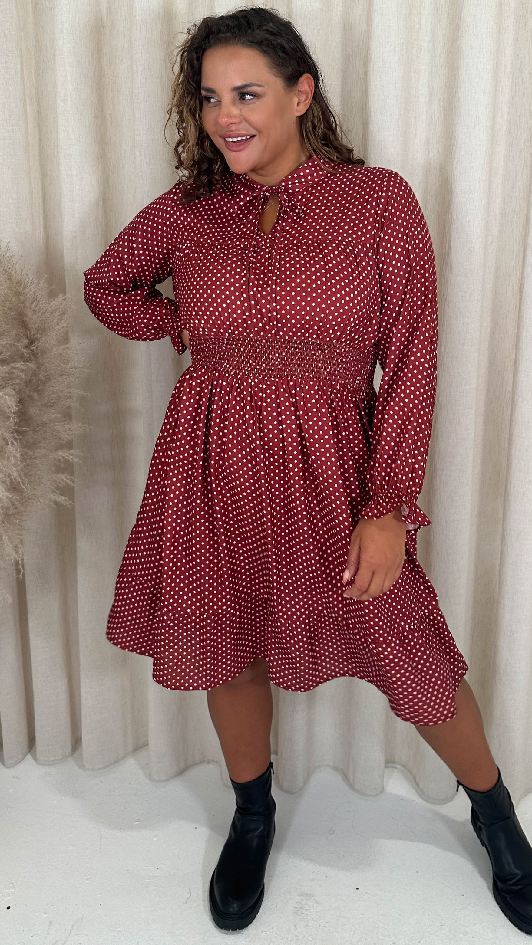 CurveWow Shirred Waist Tie Neck Dress Red Spot