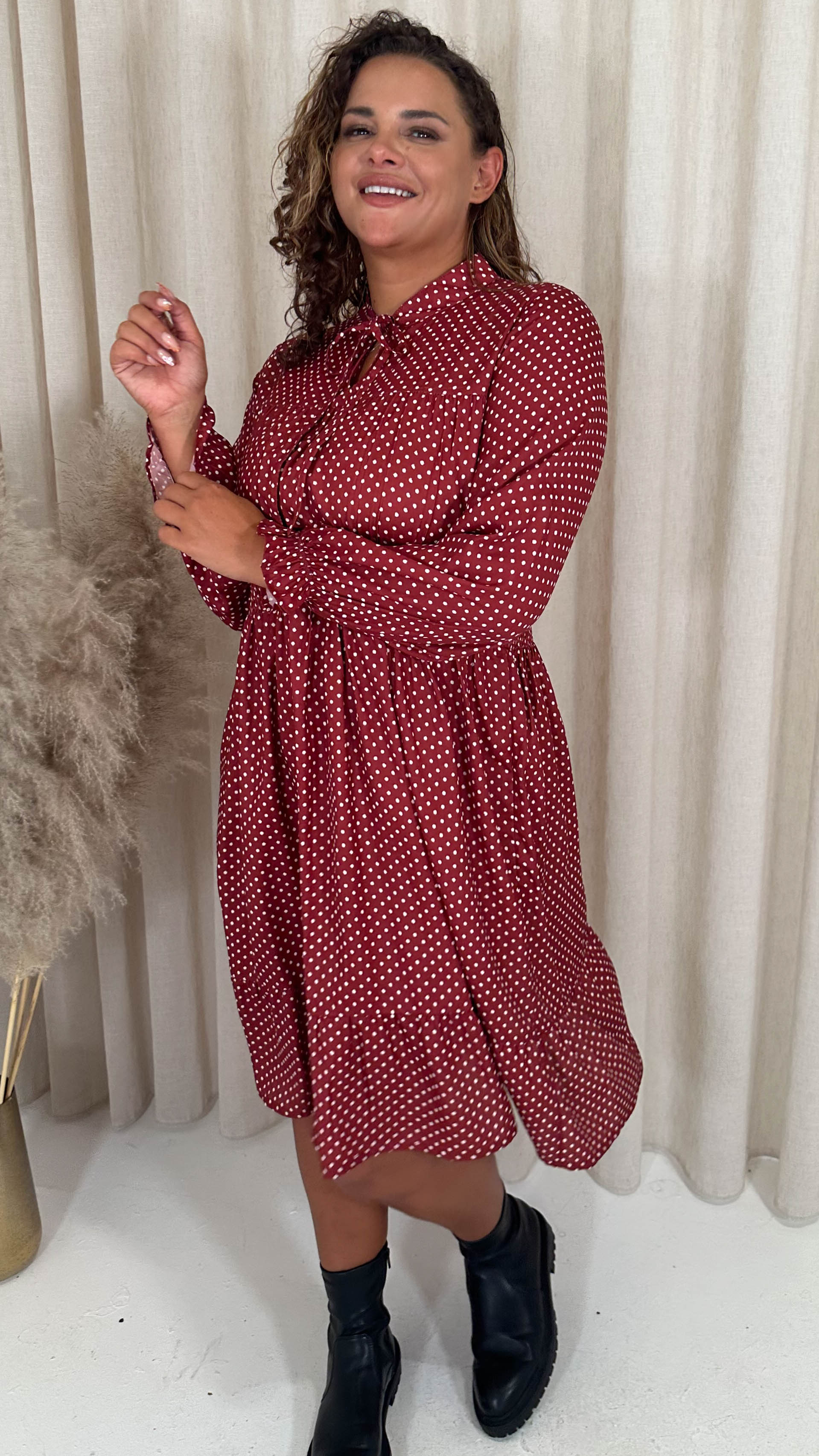 CurveWow Shirred Waist Tie Neck Dress Red Spot