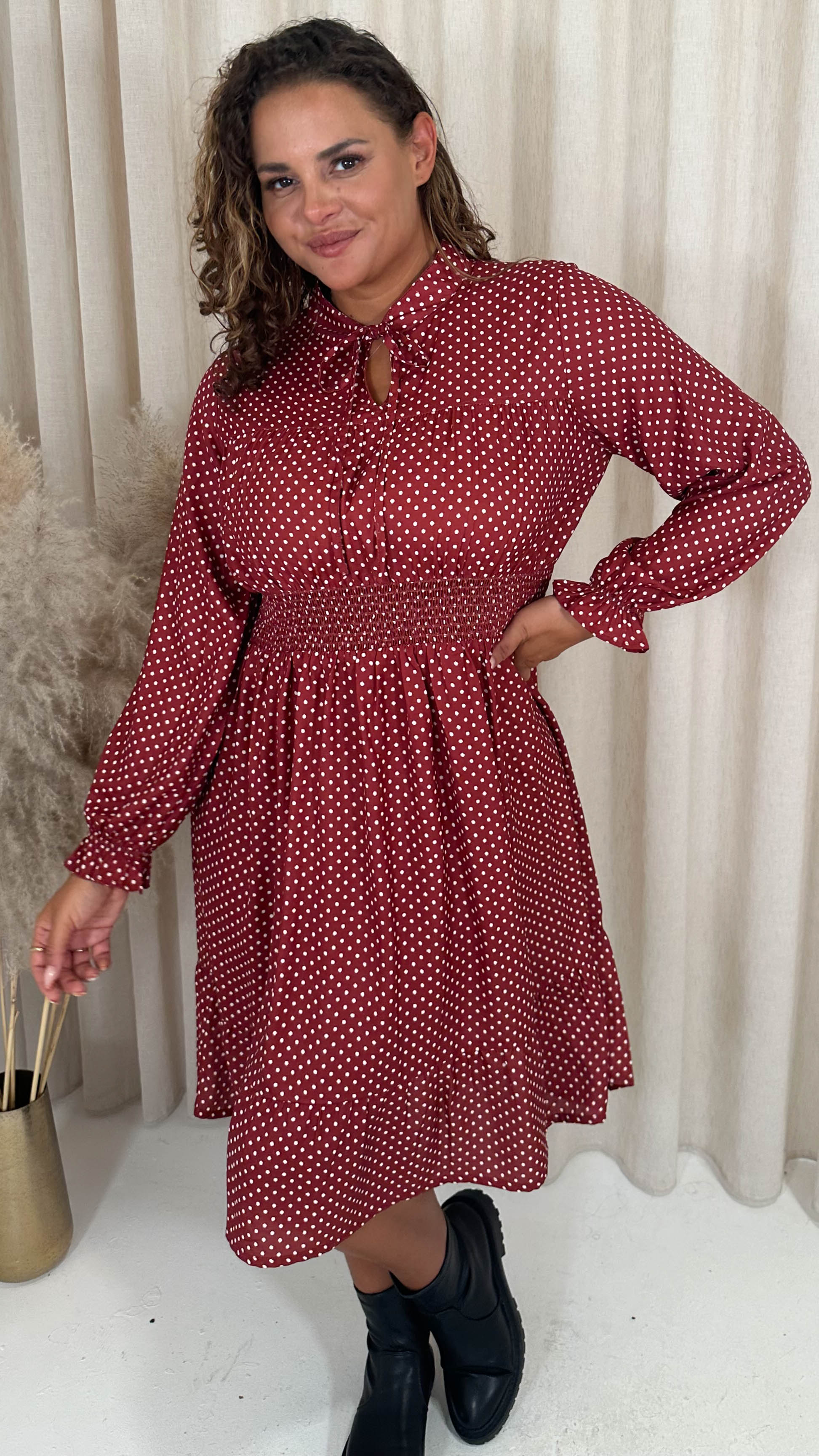 CurveWow Shirred Waist Tie Neck Dress Red Spot