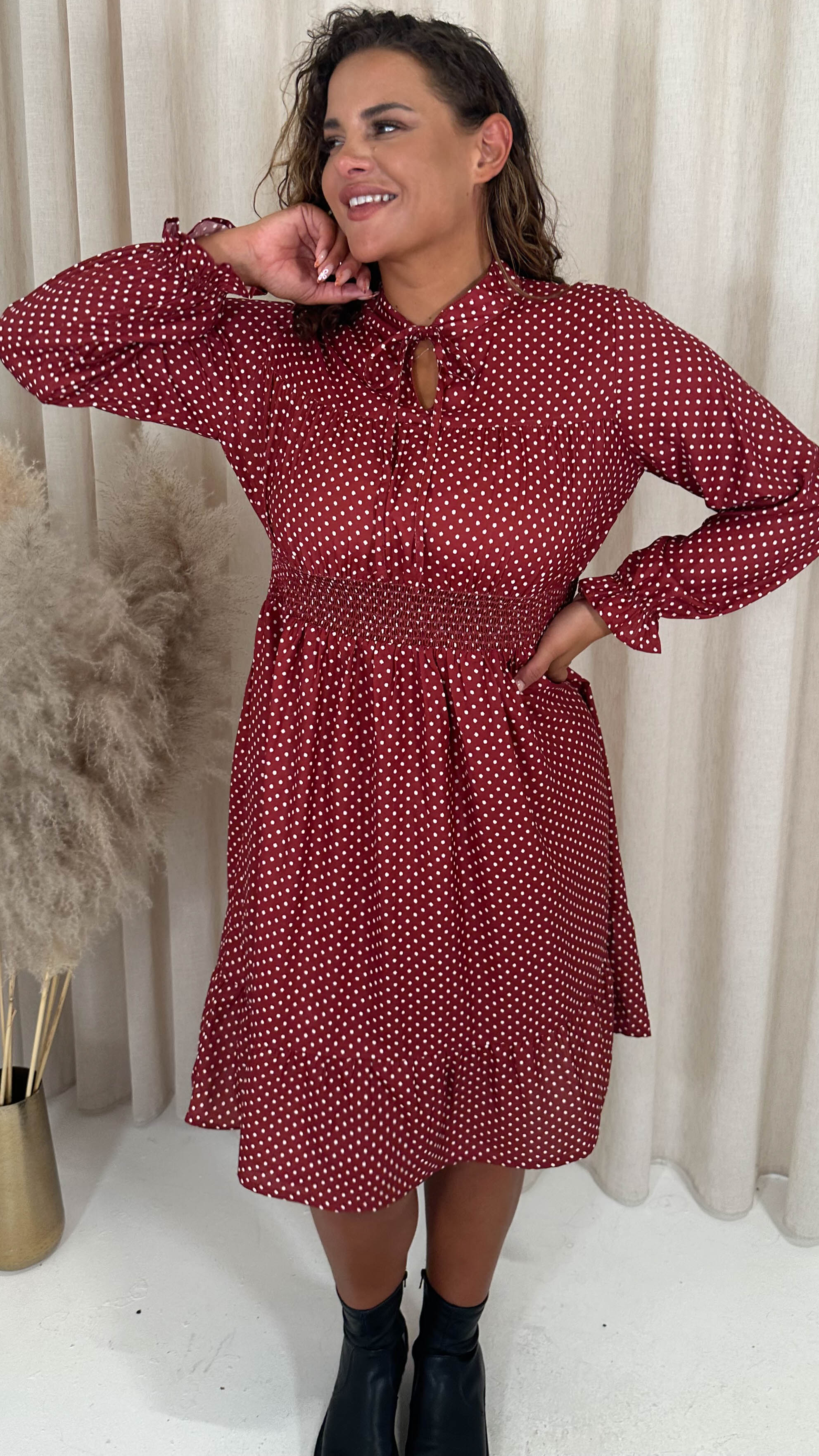 CurveWow Shirred Waist Tie Neck Dress Red Spot