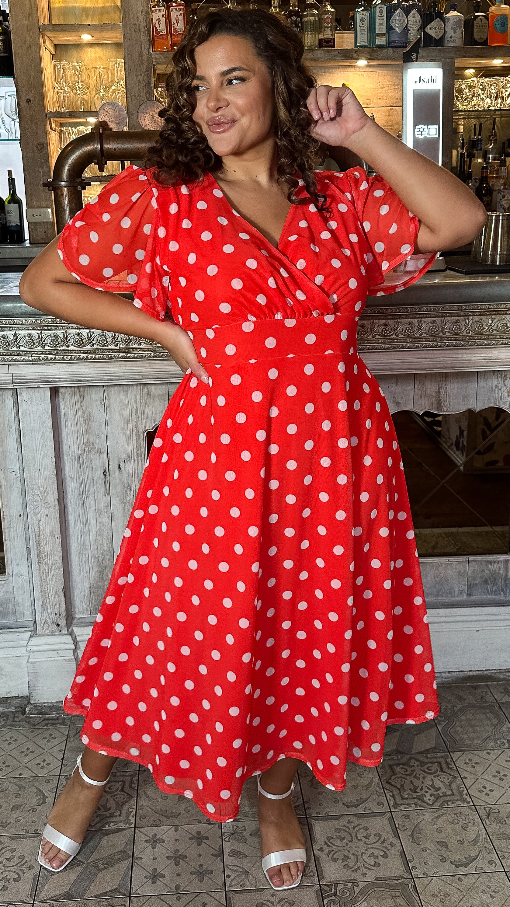 CurveWow Mesh Angel Sleeve Dress Bright Red Spot