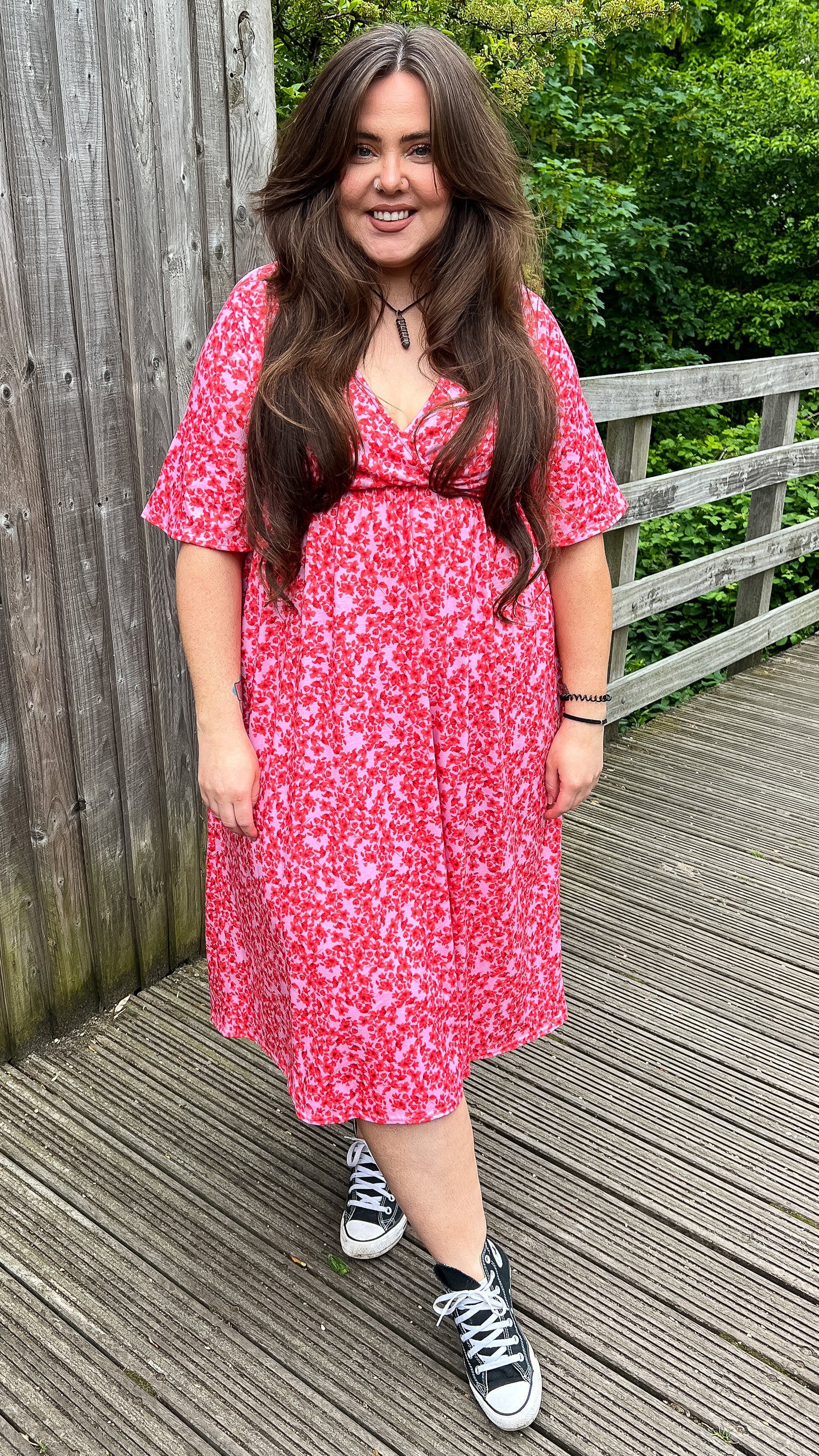 CurveWow Wrap Midi Dress Pink Ditsy Floral